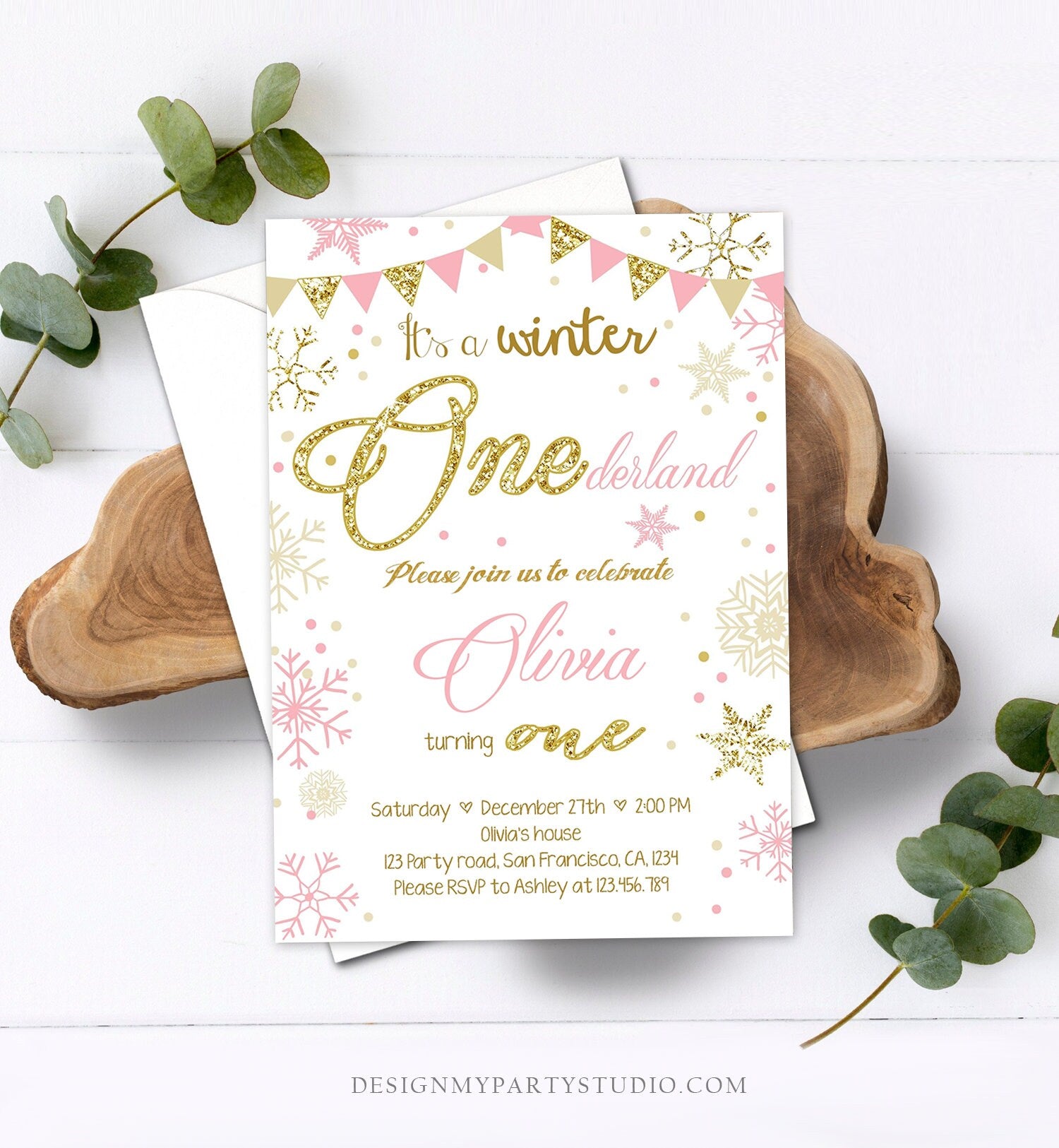 Editable Winter ONEderland Birthday Invitation First Birthday Snowflake Girl Pink Gold Glitter Download Printable Invite Template Corjl 0034