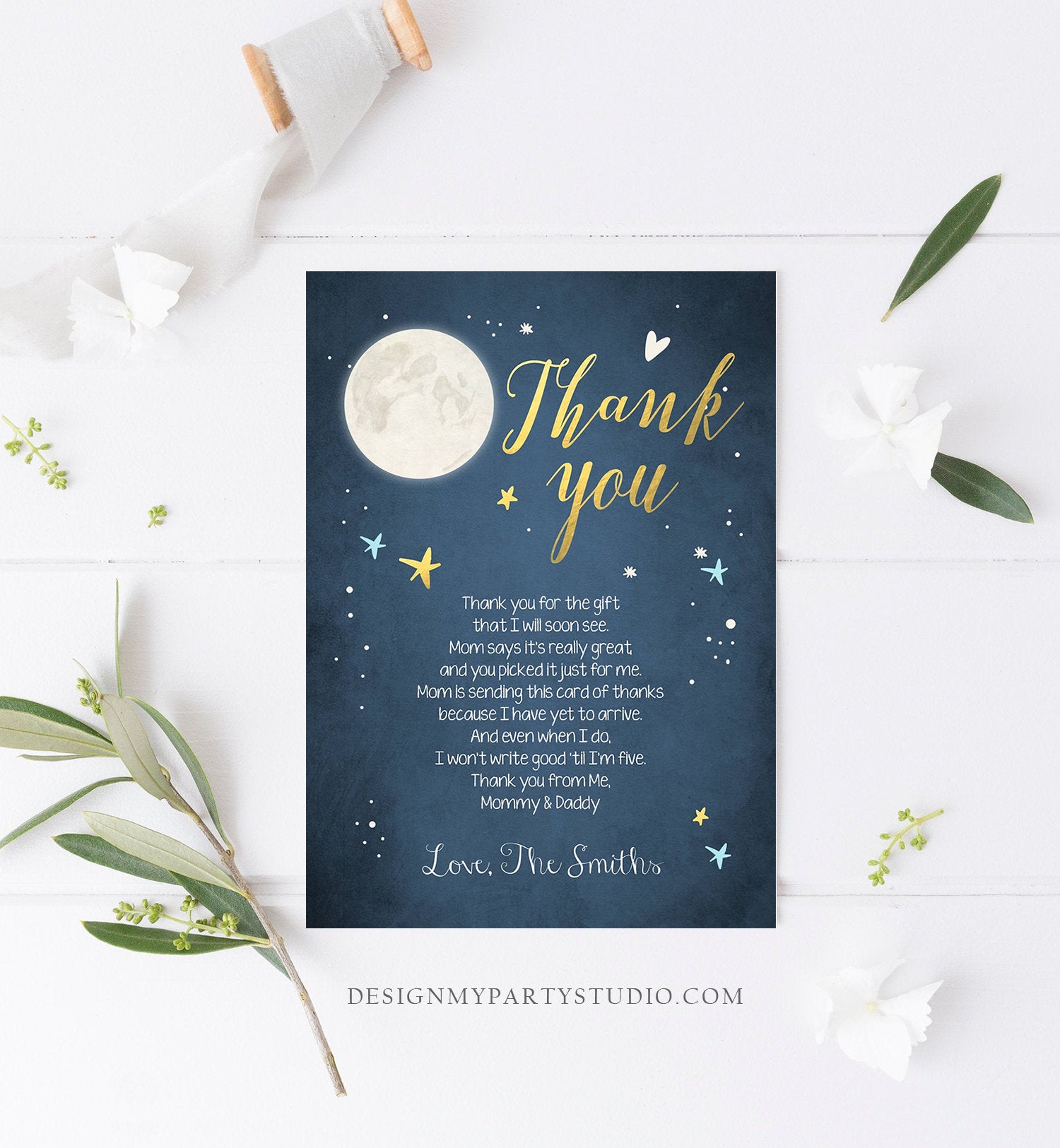 Editable Baby Shower Thank you Card Loved to the Moon and Back Moon Stars Gold Navy Moon Baby Shower Template Instant Download Corjl 0017