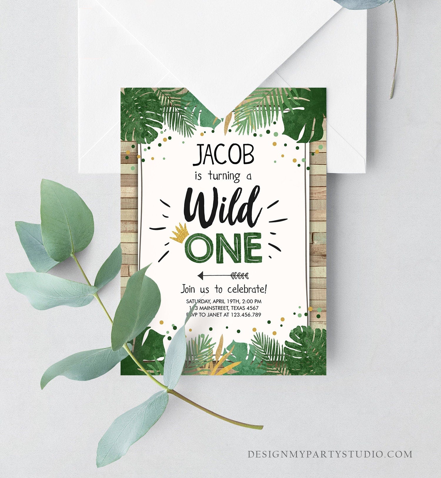 Editable Wild One Birthday Invitation Safari Jungle Boy Gold First Birthday 1st Wood Leaves Instant Download Corjl Template Printable 0332