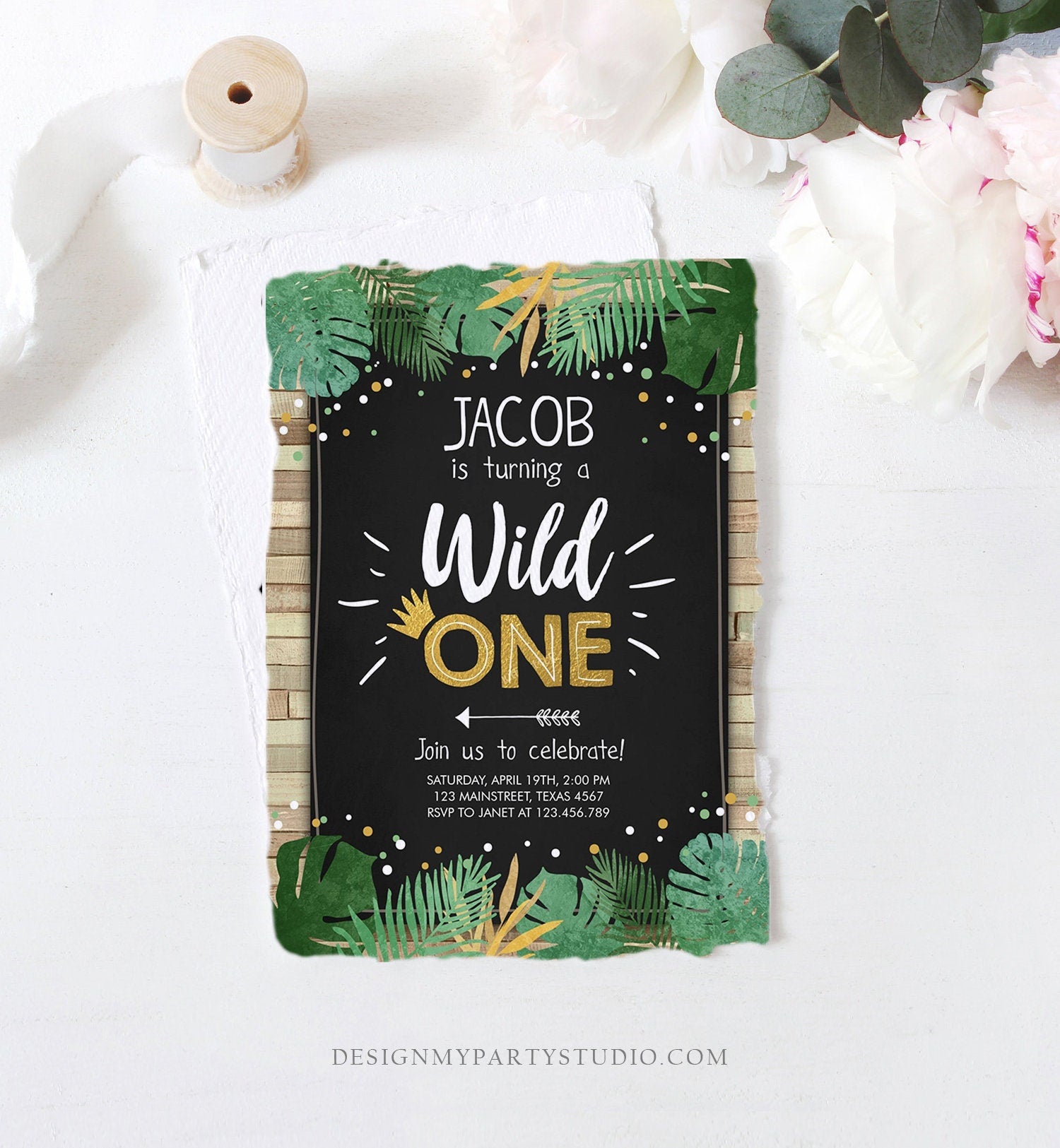 Editable Wild One Birthday Invitation Safari Jungle Boy Gold First Birthday 1st Wood Leaves Chalk Download Corjl Template Printable 0332