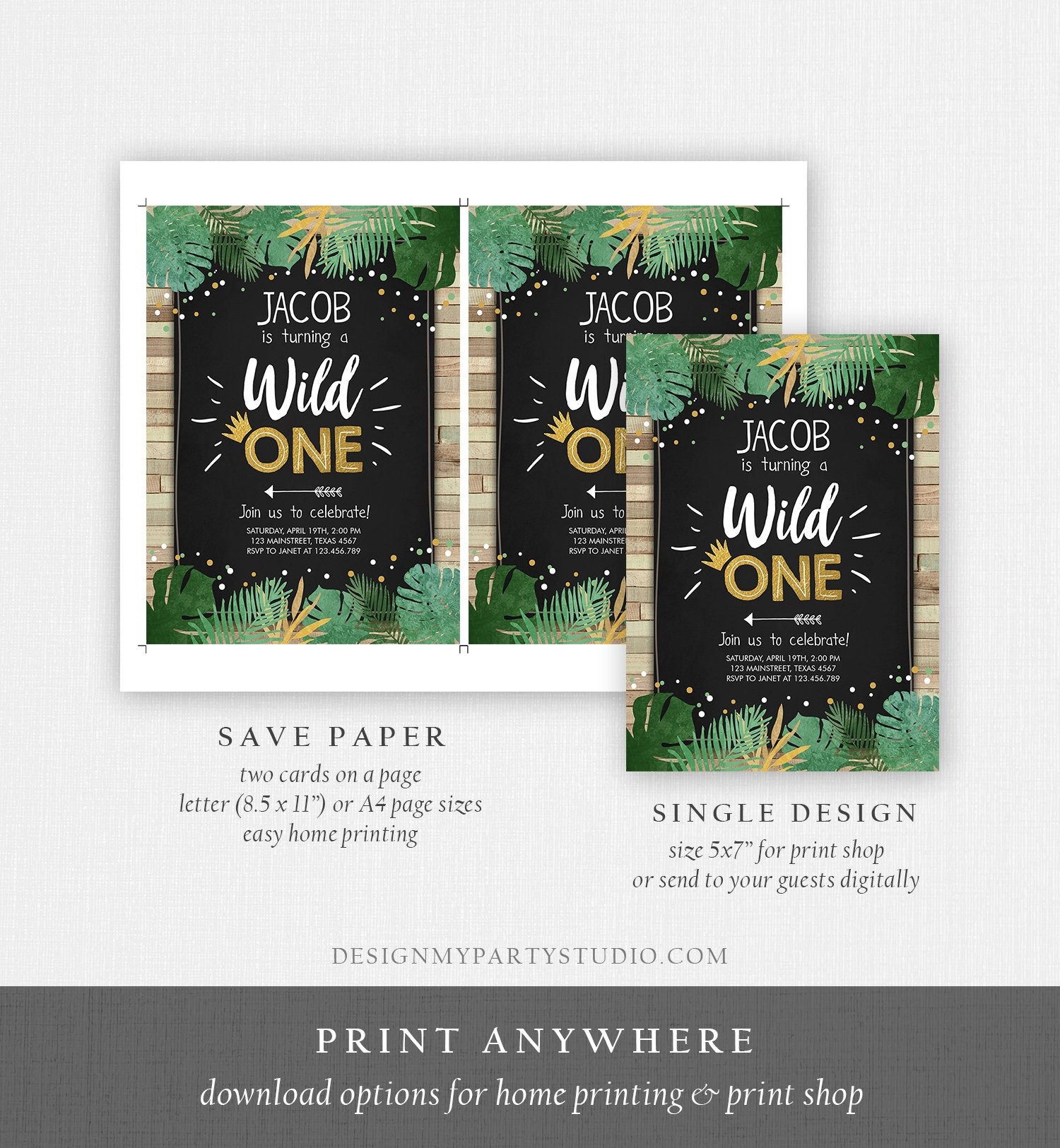 Editable Wild One Birthday Invitation Safari Jungle Boy Gold First Birthday 1st Wood Leaves Chalk Download Corjl Template Printable 0332