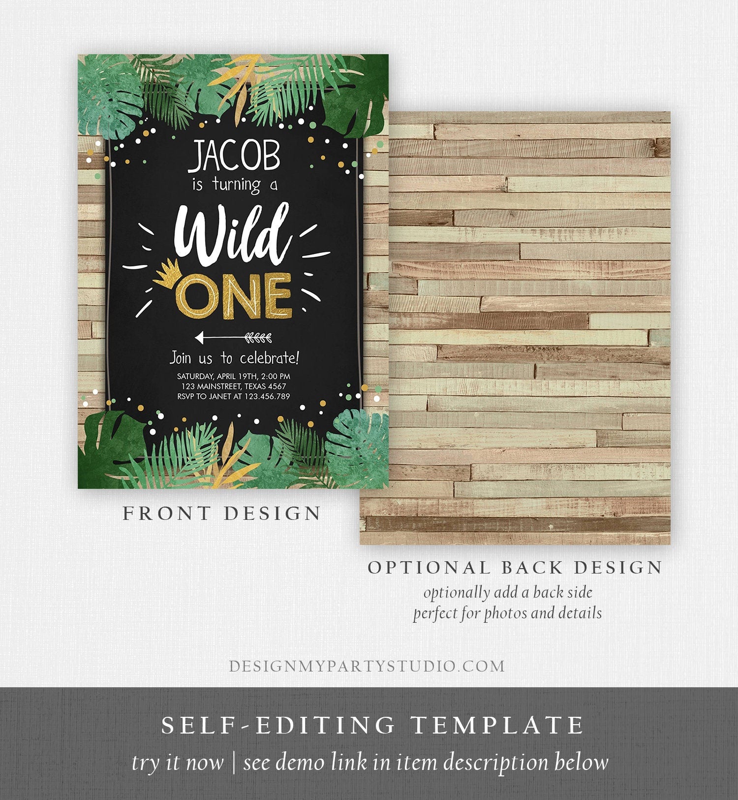 Editable Wild One Birthday Invitation Safari Jungle Boy Gold First Birthday 1st Wood Leaves Chalk Download Corjl Template Printable 0332