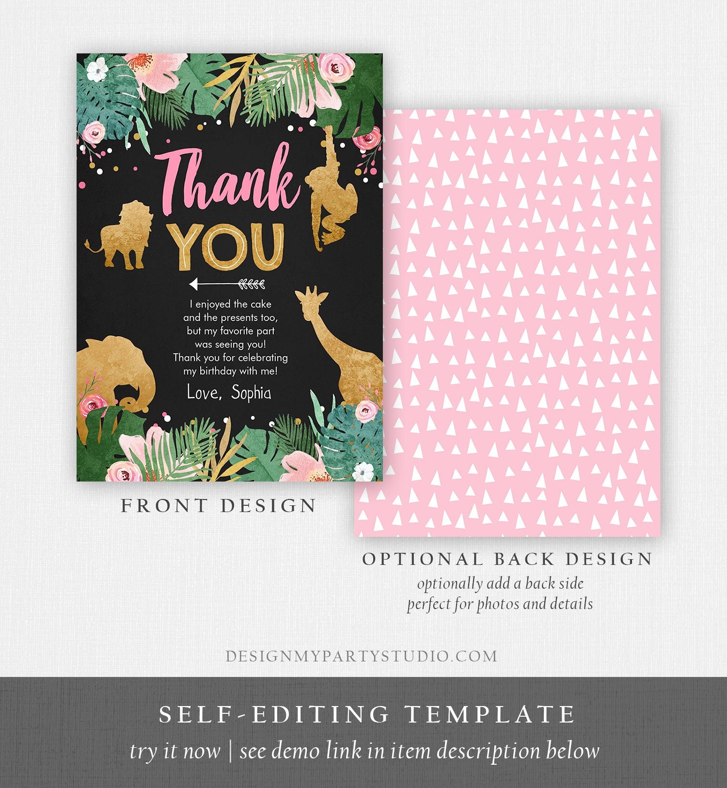 Editable Thank You Card Safari Animals Wild One Thank You Note Black Photo Girl Pink Gold Jungle Zoo Animals Corjl Template Digital 0016