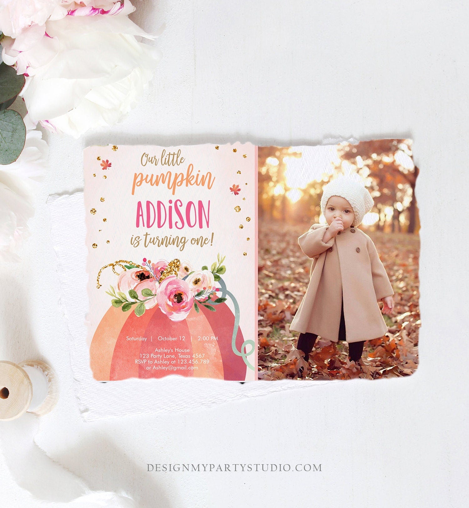 Editable Our Little Pumpkin Birthday Invitation Girl Pink Fall Autumn 1st Birthday Pink Gold 2nd Download Printable Corjl Template 0198