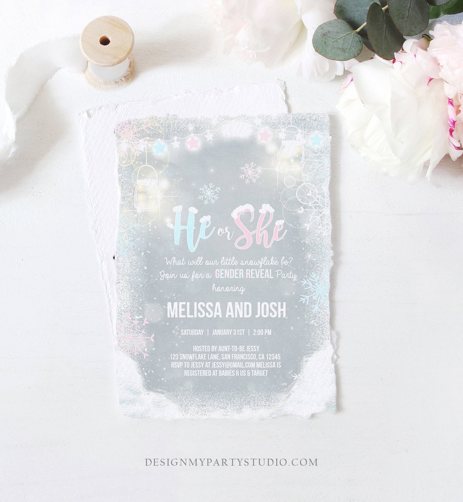 Editable Winter Gender Reveal Party Invite Cold Outside Snow Boy or Girl He or She Rustic Invitation Template Instant Download Corjl 0031