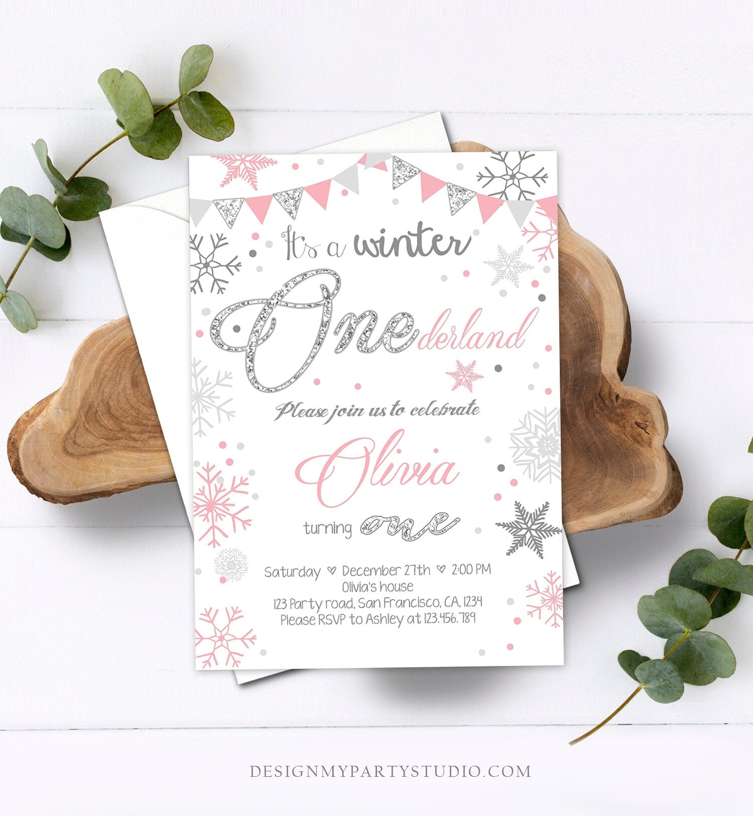 Editable Winter ONEderland Birthday Invitation First Birthday Snow Girl Pink Silver Glitter Download Printable Invite Template Corjl 0034