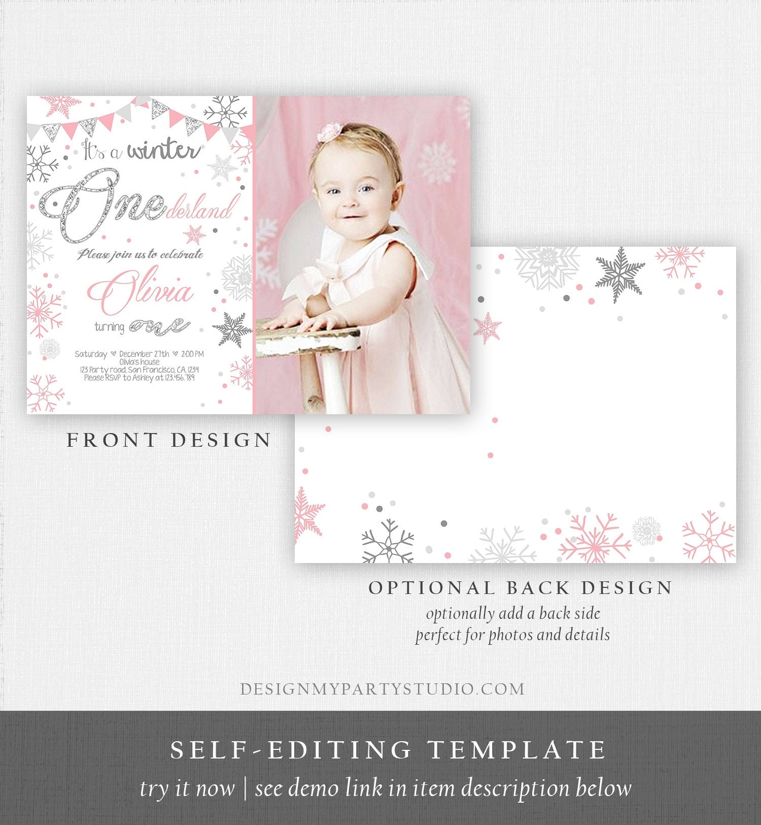 Editable Winter ONEderland Birthday Invitation First Birthday Snow Girl Pink Silver Glitter Download Printable Invite Template Corjl 0034