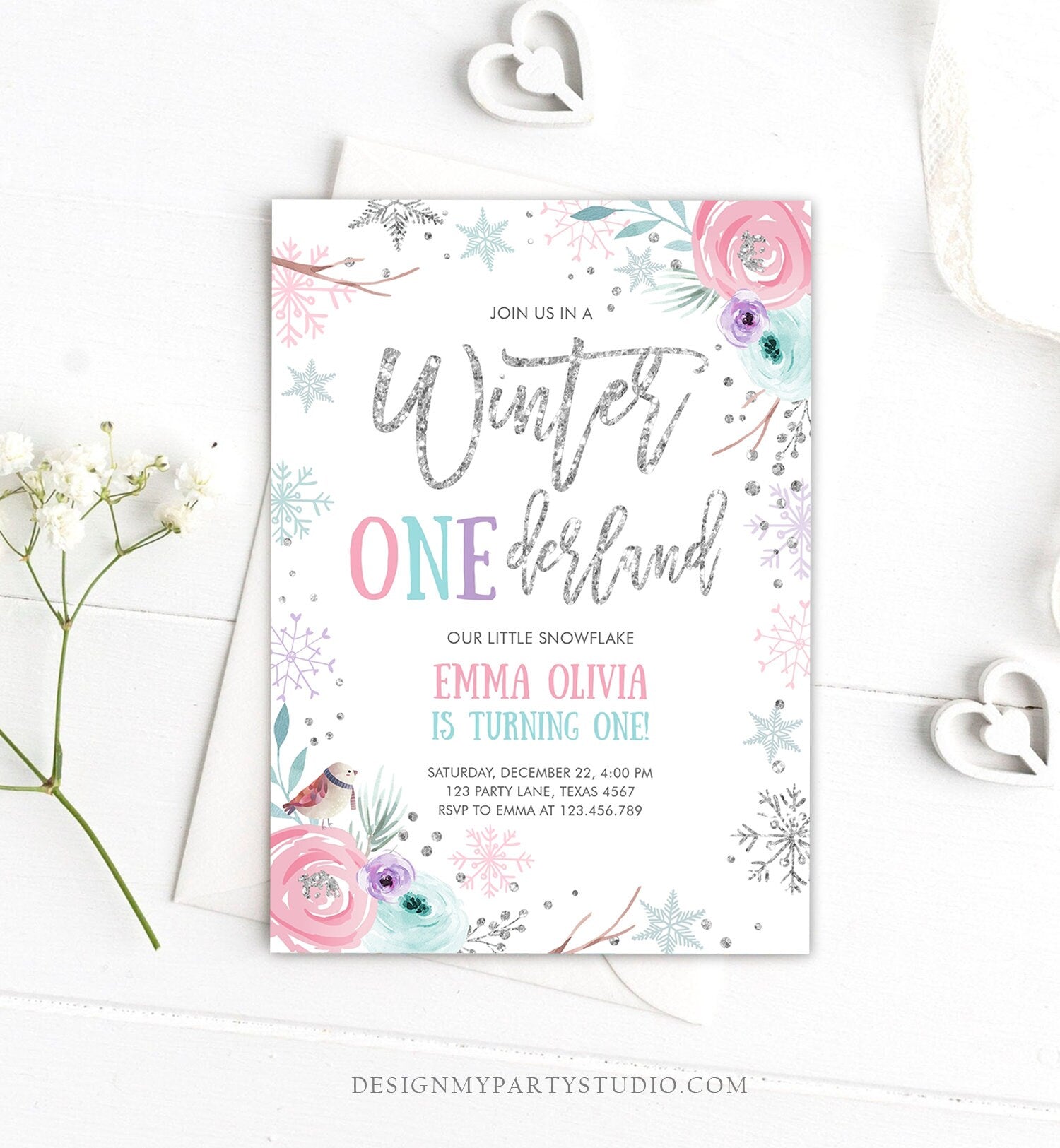Editable Winter ONEderland Birthday Invitation First Birthday Snowflake Pink Silver Purple Floral Printable Invitation Template Corjl 0256