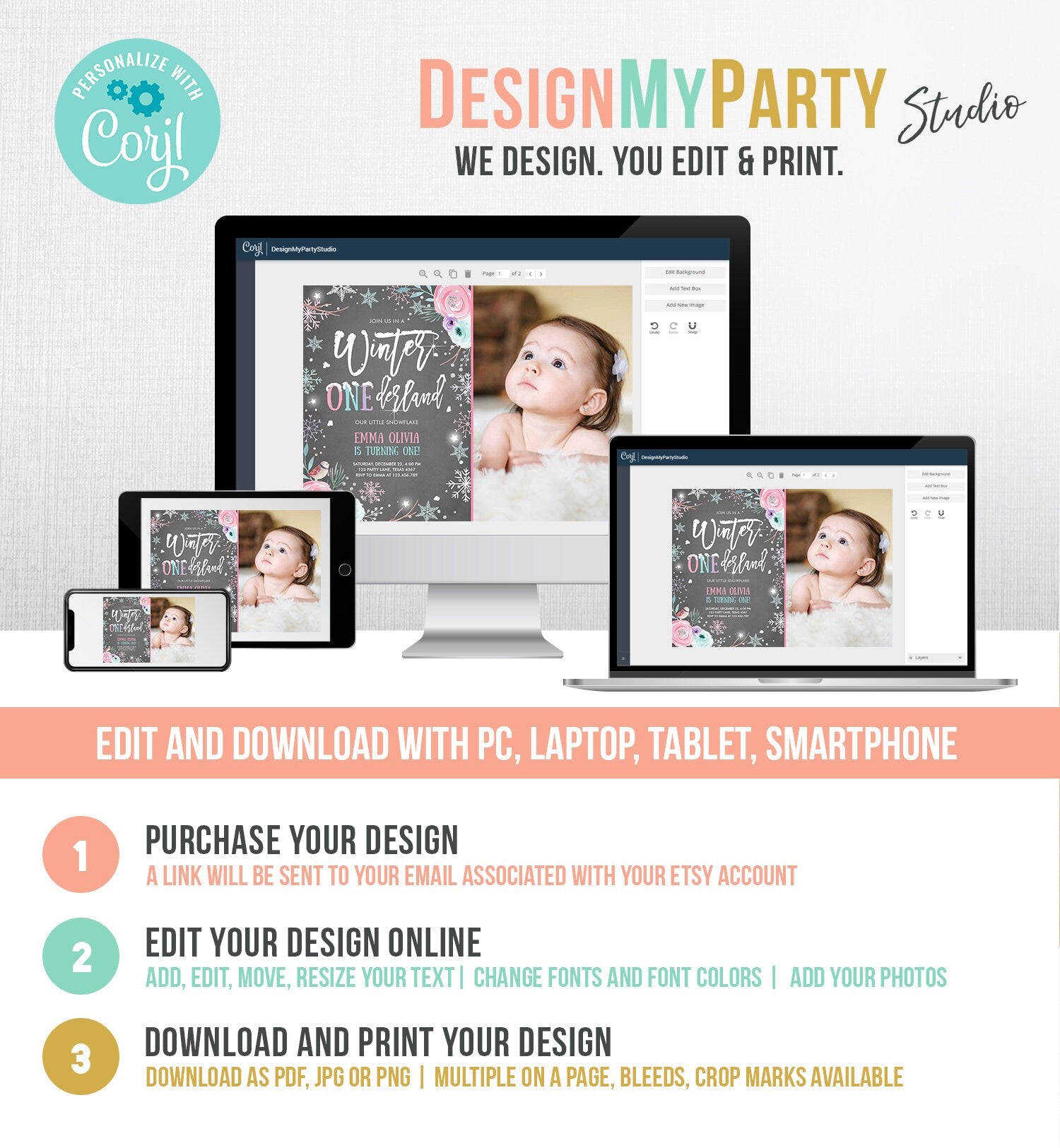 Editable Winter ONEderland Birthday Invitation First Birthday Snowflake Pink Silver Purple Floral Printable Invitation Template Corjl 0256