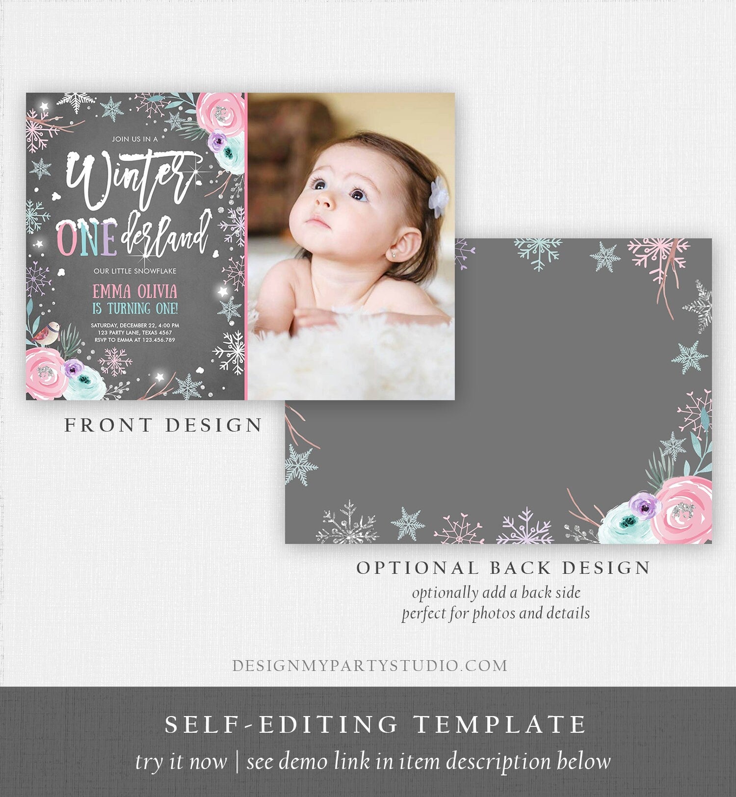 Editable Winter ONEderland Birthday Invitation First Birthday Snowflake Pink Silver Purple Floral Printable Invitation Template Corjl 0256