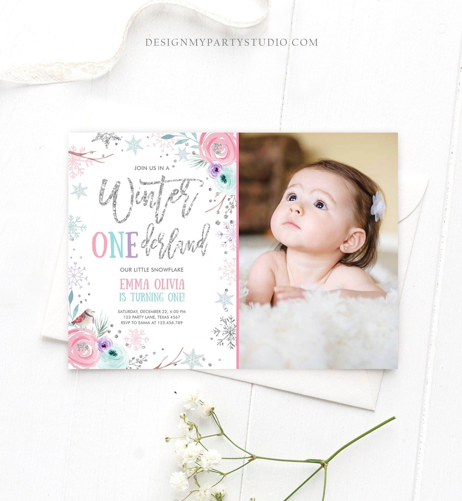 Editable Winter ONEderland Birthday Invitation First Birthday Snowflake Pink Silver Purple Floral Printable Invitation Template Corjl 0256