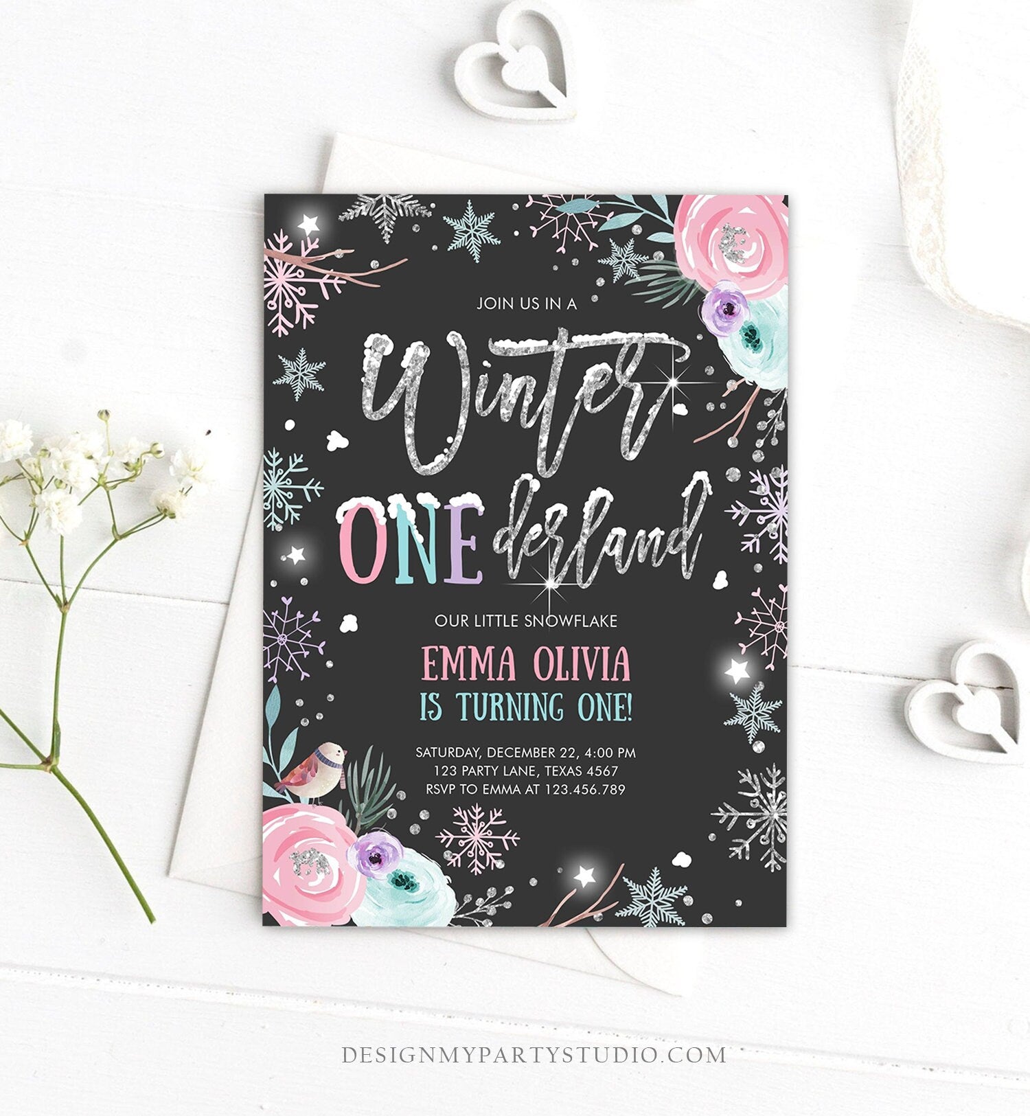 Editable Winter ONEderland Birthday Invitation First Birthday Snowflake Pink Silver Black Floral Printable Invitation Template Corjl 0256