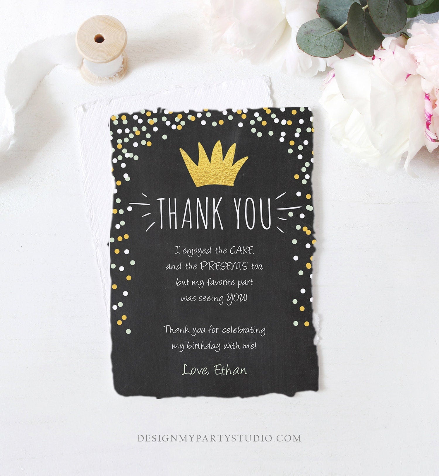 Editable Wild Things Thank You Card Gold Crown Boy Chalk Confetti Thank You Note Wild One Birthday Download Printable Corjl Template 0099