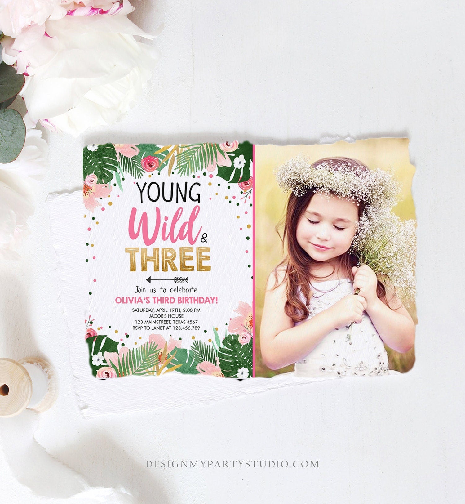 Editable Young Wild and Three Birthday Invitation Animals Invite Party Jungle Safari Pink Gold Download Printable Template Corjl 0332