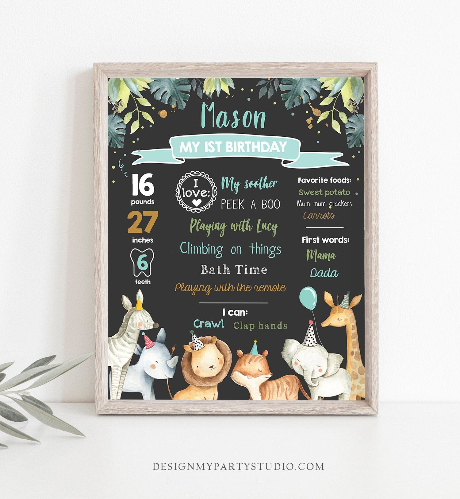 Editable Safari Animals Birthday Milestones Sign Green and Gold Boy Birthday Zoo Jungle 1st Birthday Download Template Printable Corjl 0163