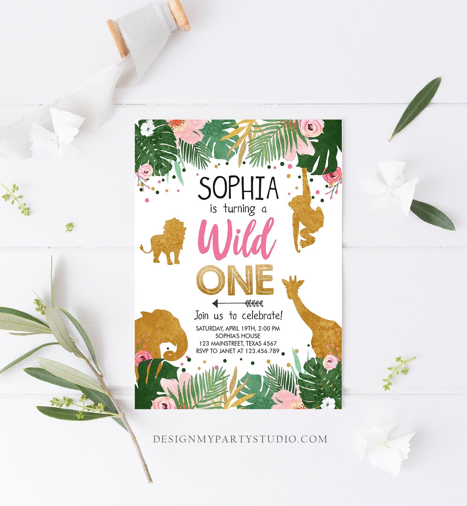 Editable Wild One Birthday Invitation Girl Safari Animals Jungle Zoo Party Animals Pink Gold Instant Download Printable Corjl Template 0016