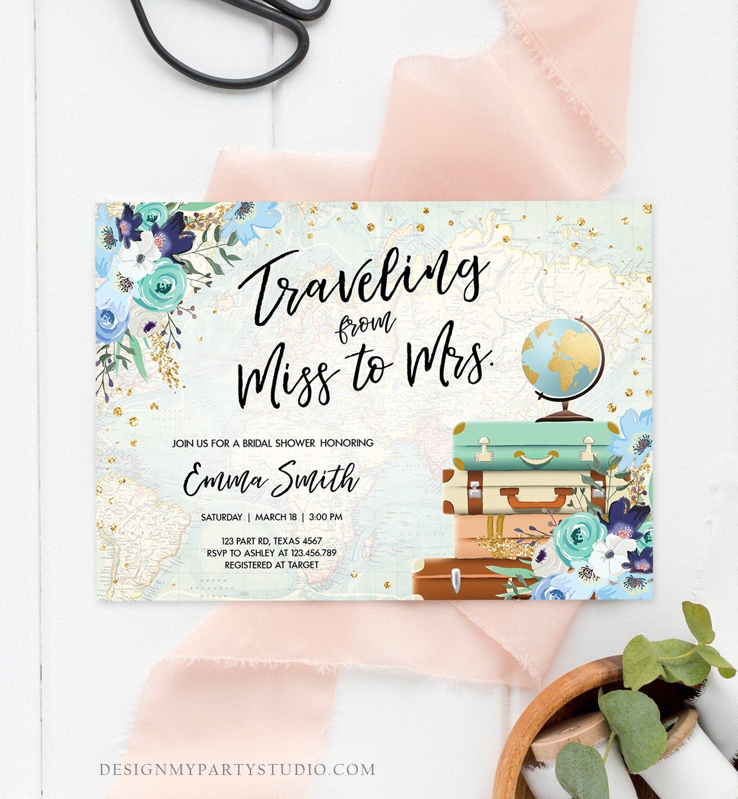 Editable Miss to Mrs Travel Bridal Shower Invitation Flowers Globe Suitcase Gold Confetti Traveling Blue Floral Corjl Template 0030