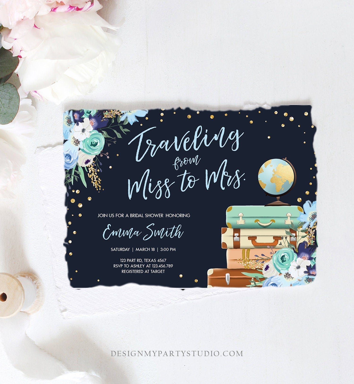 Editable Miss to Mrs Travel Bridal Shower Invitation Flowers Globe Suitcase Gold Confetti Traveling Navy Blue Floral Corjl Template 0030