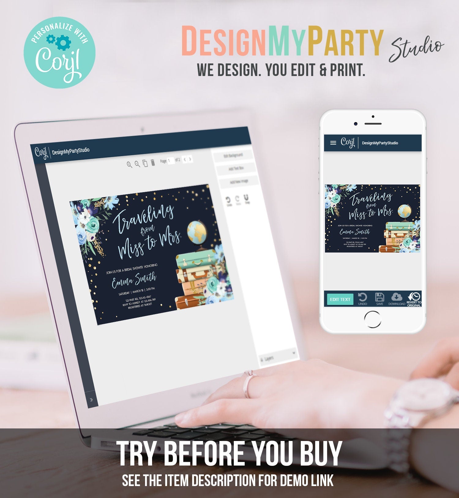 Editable Miss to Mrs Travel Bridal Shower Invitation Flowers Globe Suitcase Gold Confetti Traveling Navy Blue Floral Corjl Template 0030