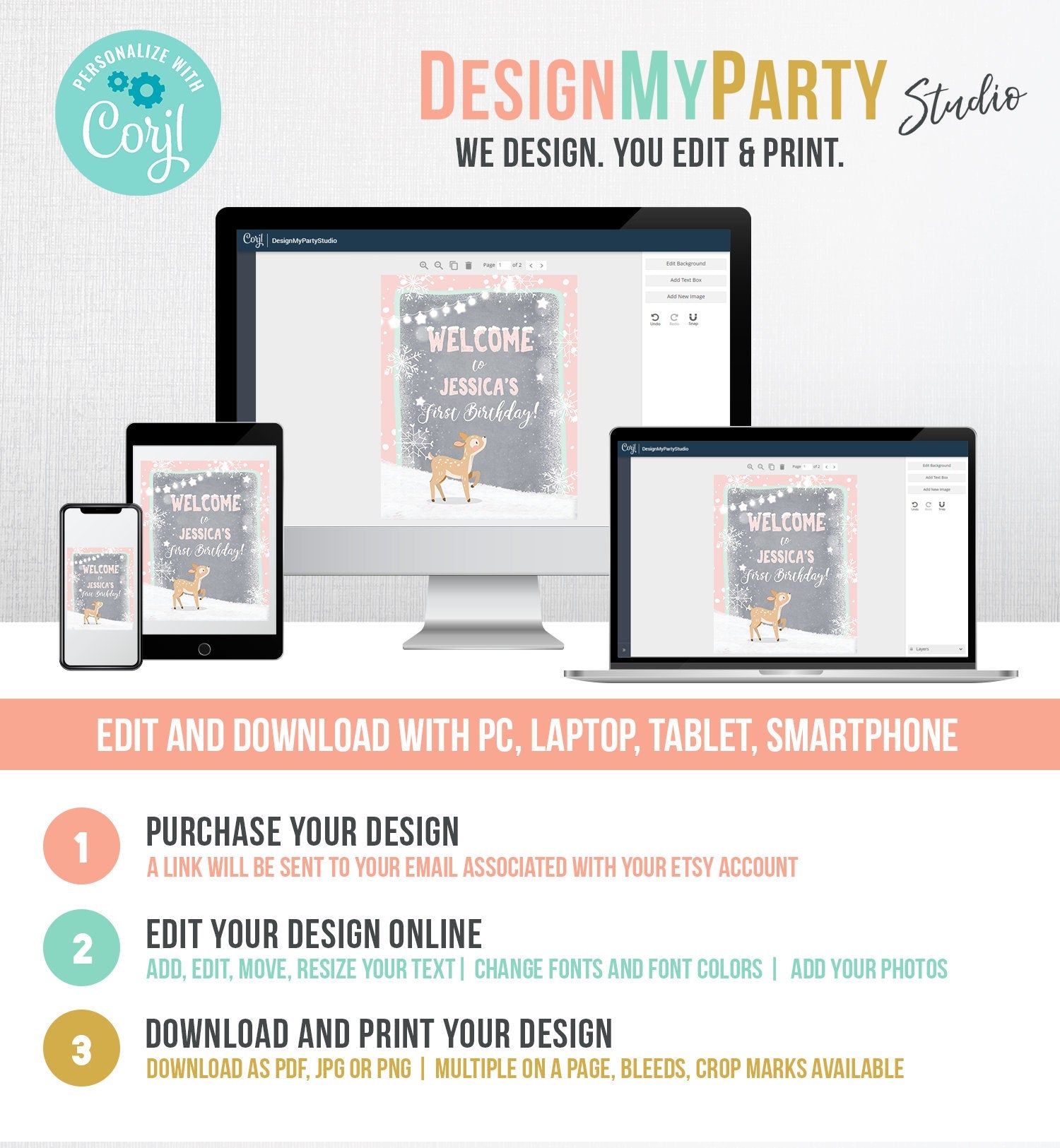 Editable Winter Birthday Welcome Sign Winter Welcome Winter Onederland Girl Pink Deer Woodland Snowflakes Template PRINTABLE Corjl 0109