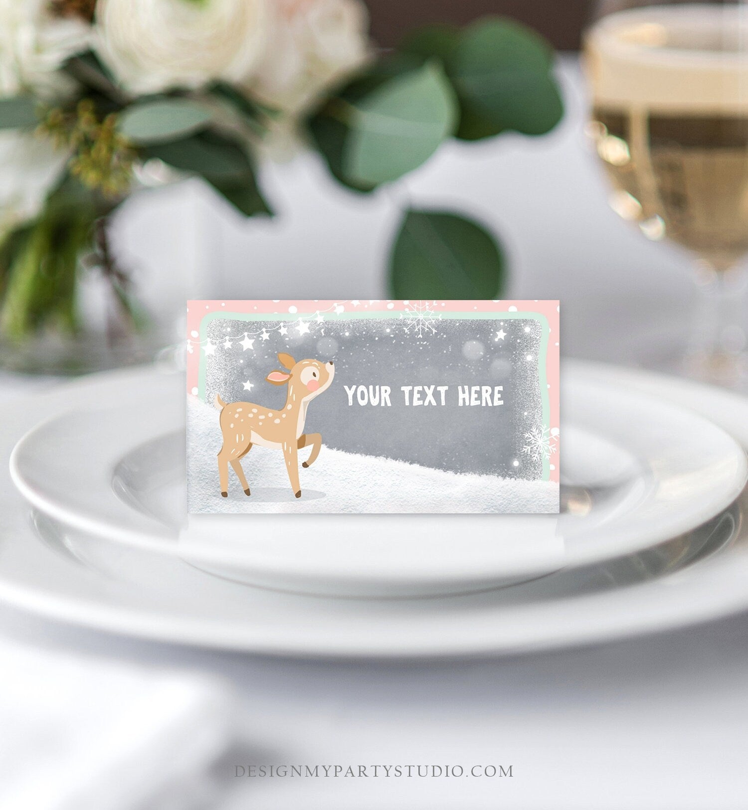 Editable Winter Food Tent Cards Food Labels Girl Birthday Winter Onederland Decorations Pink Deer Food Labels Printable Template Corjl 0109