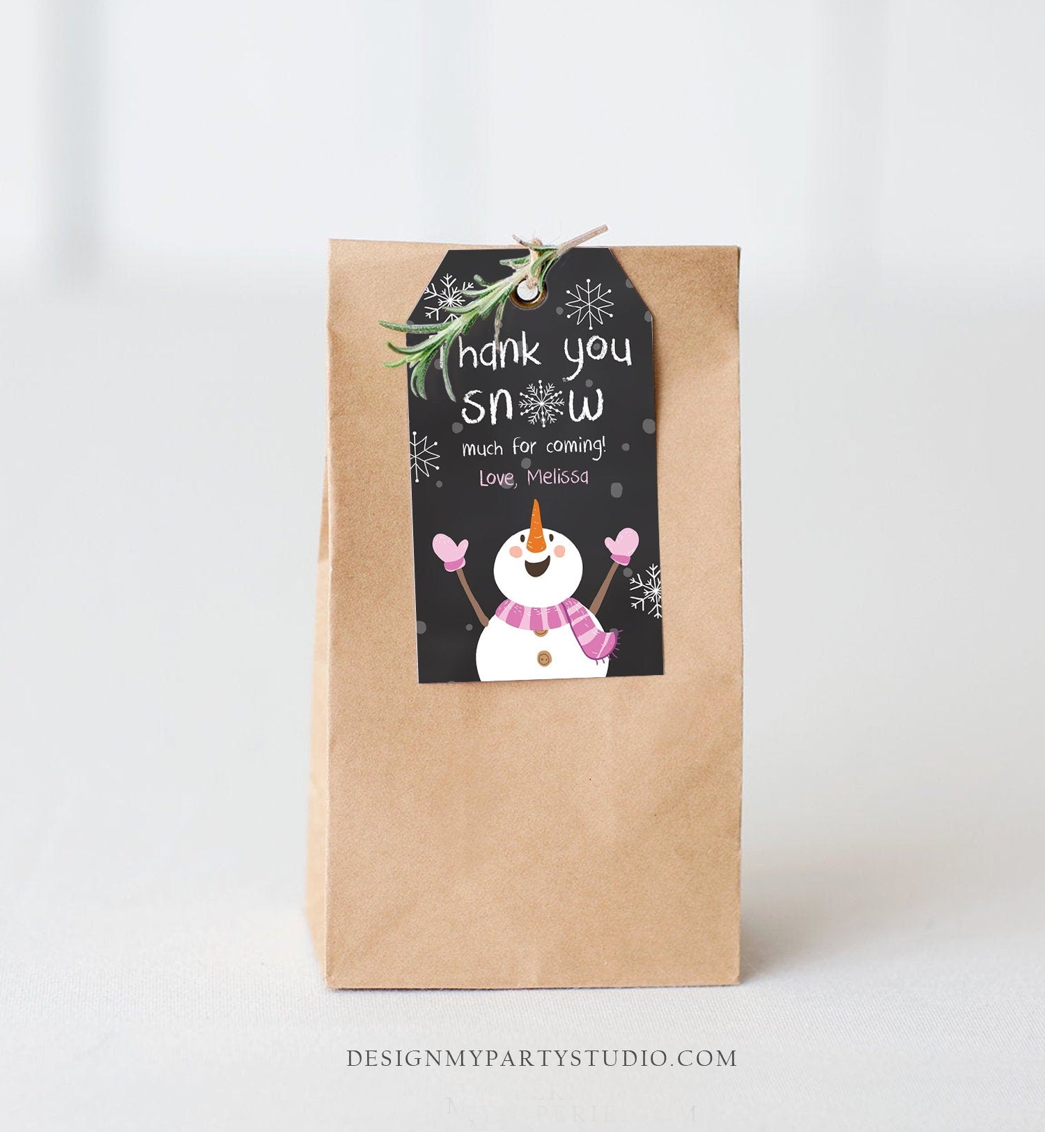 Editable Winter Thank You Tags Girl Birthday Favor Tags Pink Snowflakes Snowman Winter Onederland Christmas Template PRINTABLE Corjl 0022