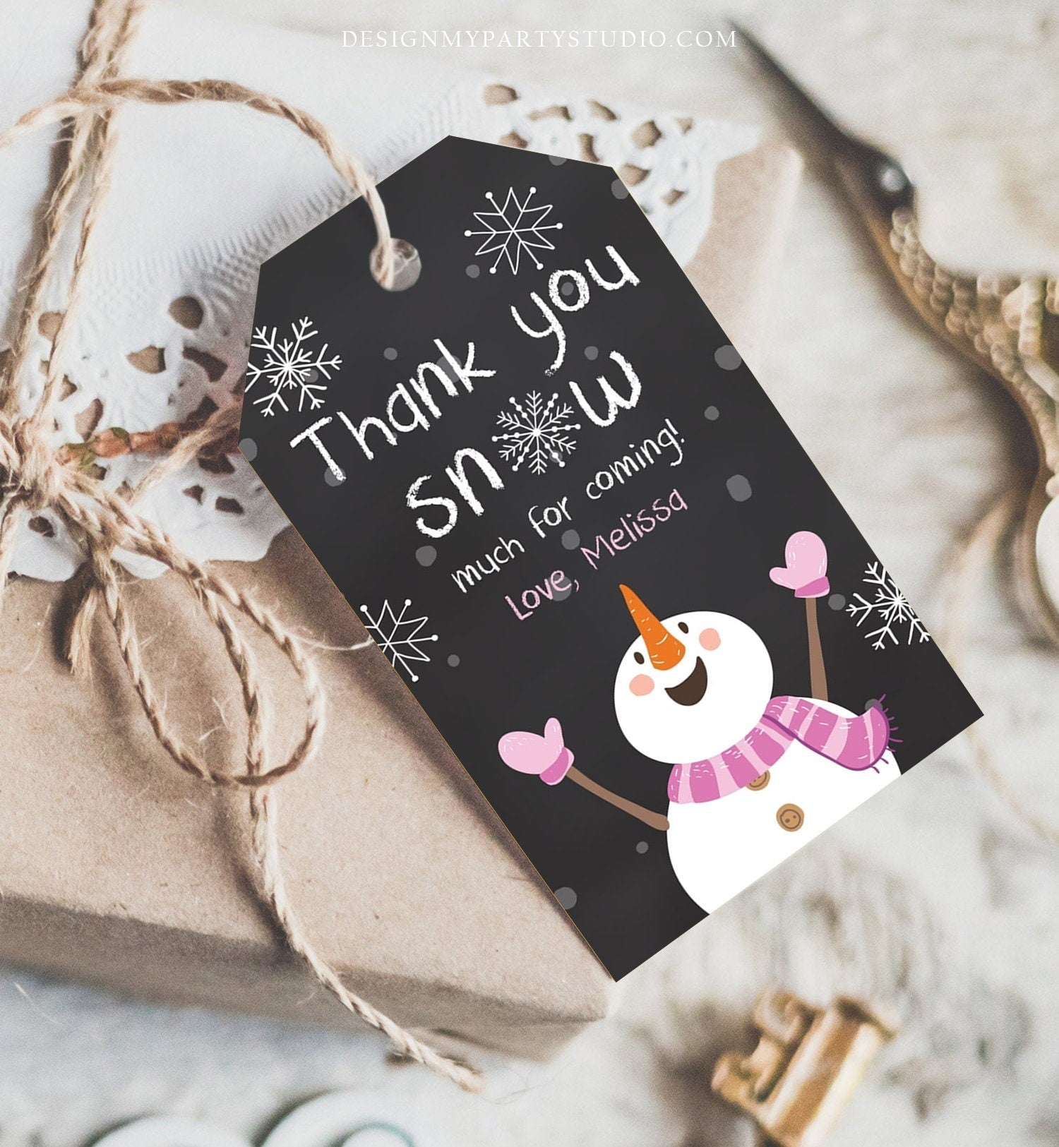 Editable Winter Thank You Tags Girl Birthday Favor Tags Pink Snowflakes Snowman Winter Onederland Christmas Template PRINTABLE Corjl 0022