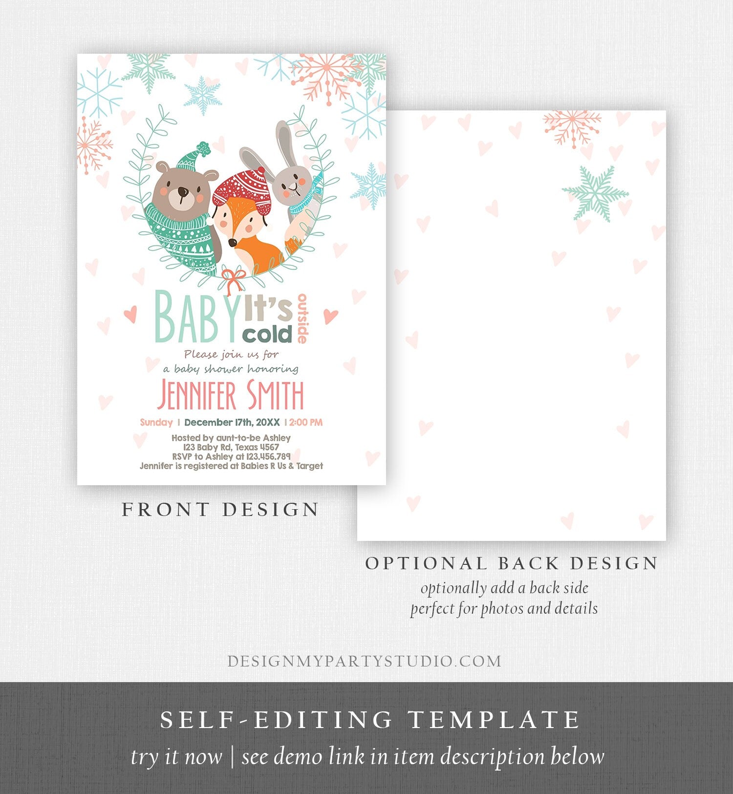 Editable Winter Baby Shower Invitation Woodland Baby its Cold Outside Invite Animals Bear Fox Forest Printable Template Digital Corjl 0054