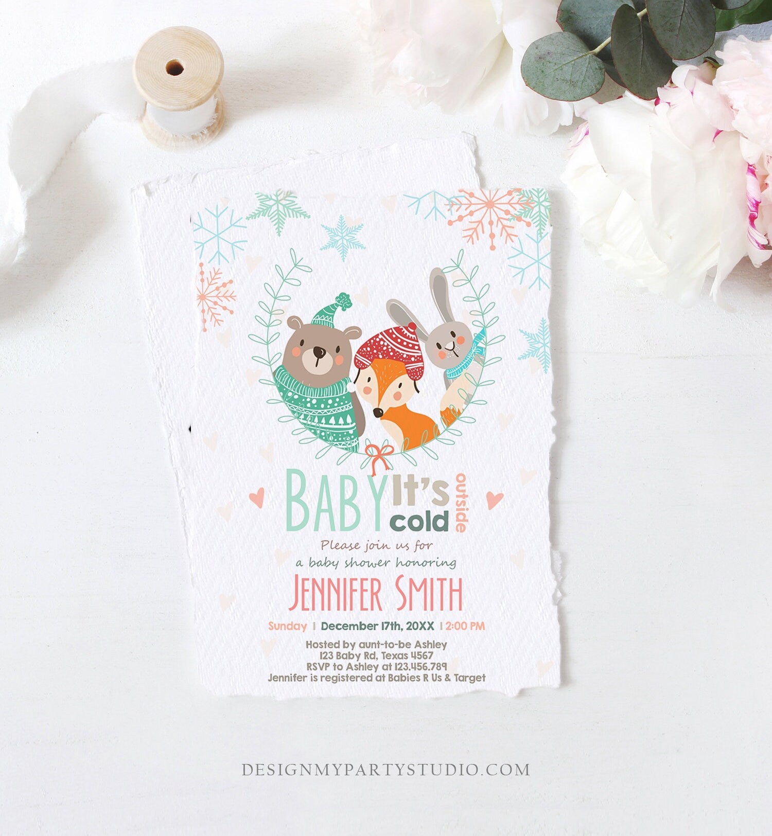 Editable Winter Baby Shower Invitation Woodland Baby its Cold Outside Invite Animals Bear Fox Forest Printable Template Digital Corjl 0054