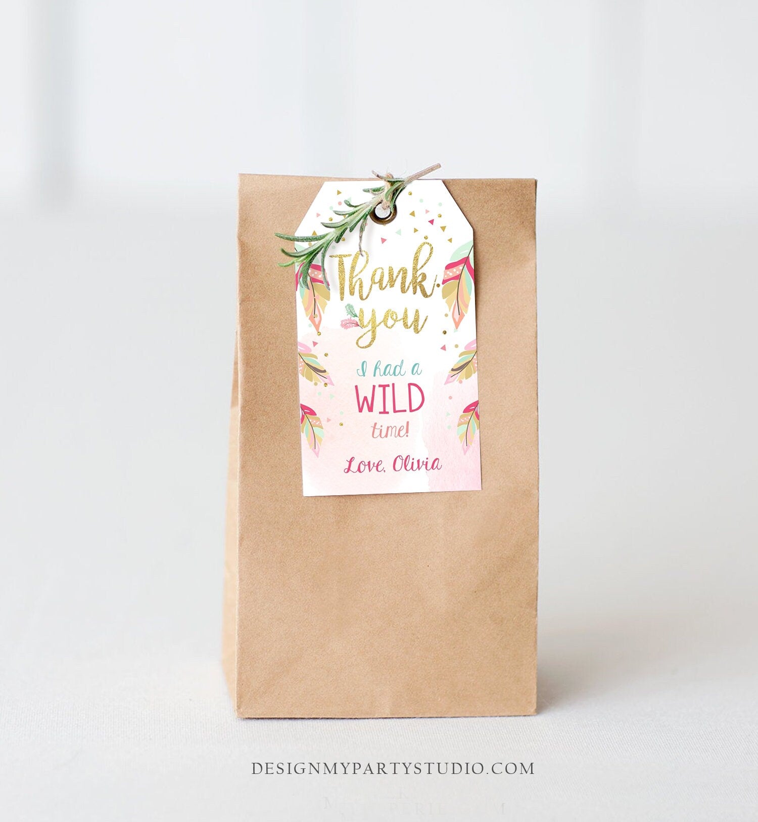Editable Wild One Favor tags Wild and Three Birthday Thank you tags Label Feathers Gift tags Pink Gold Girl Template PRINTABLE Corjl 0038