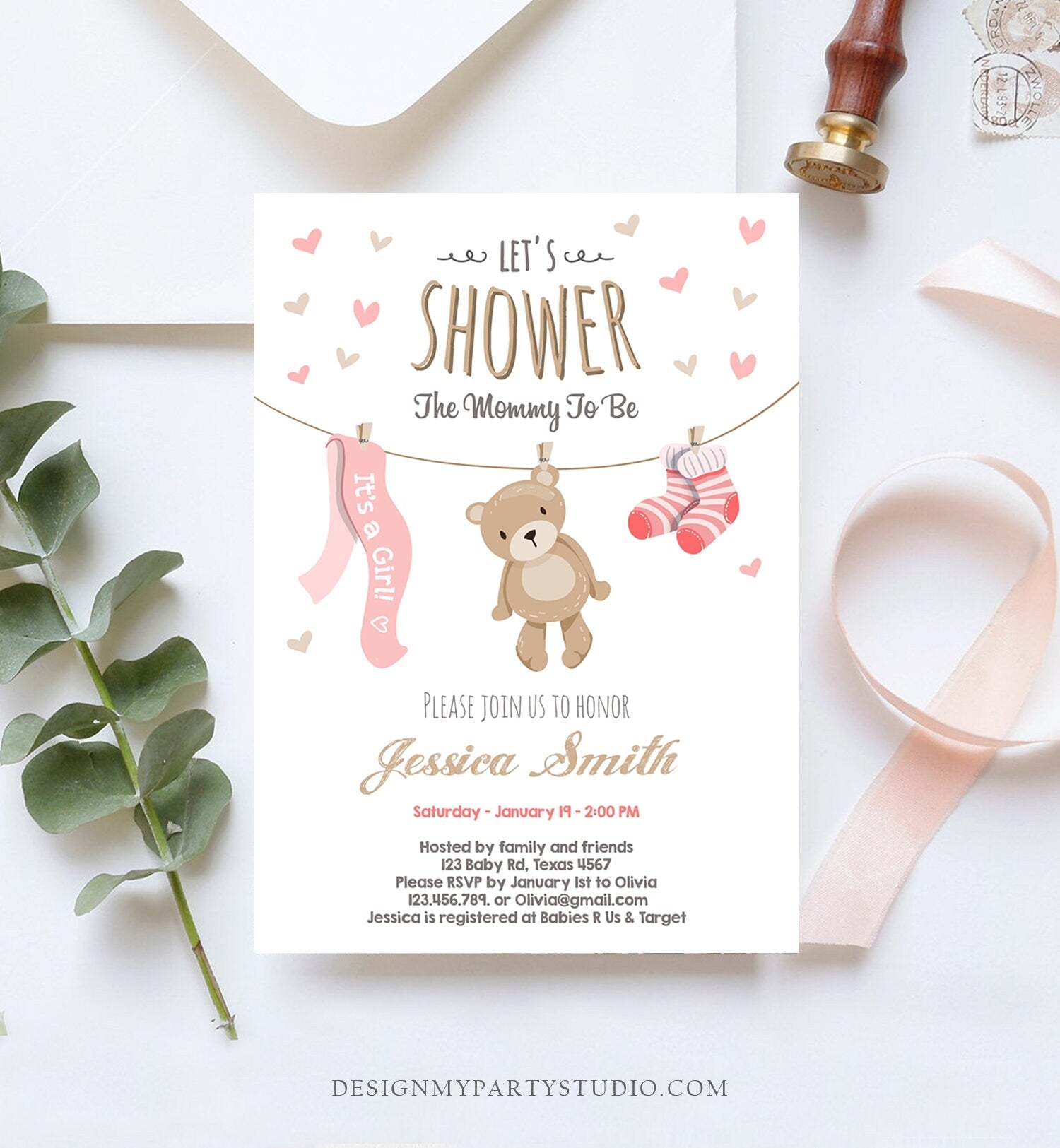 Editable Baby Shower Invitation Teddy Bear Cute Baby Girl Pink Bear Little Cub It's a Girl Invite Template Instant Download Corjl 0025