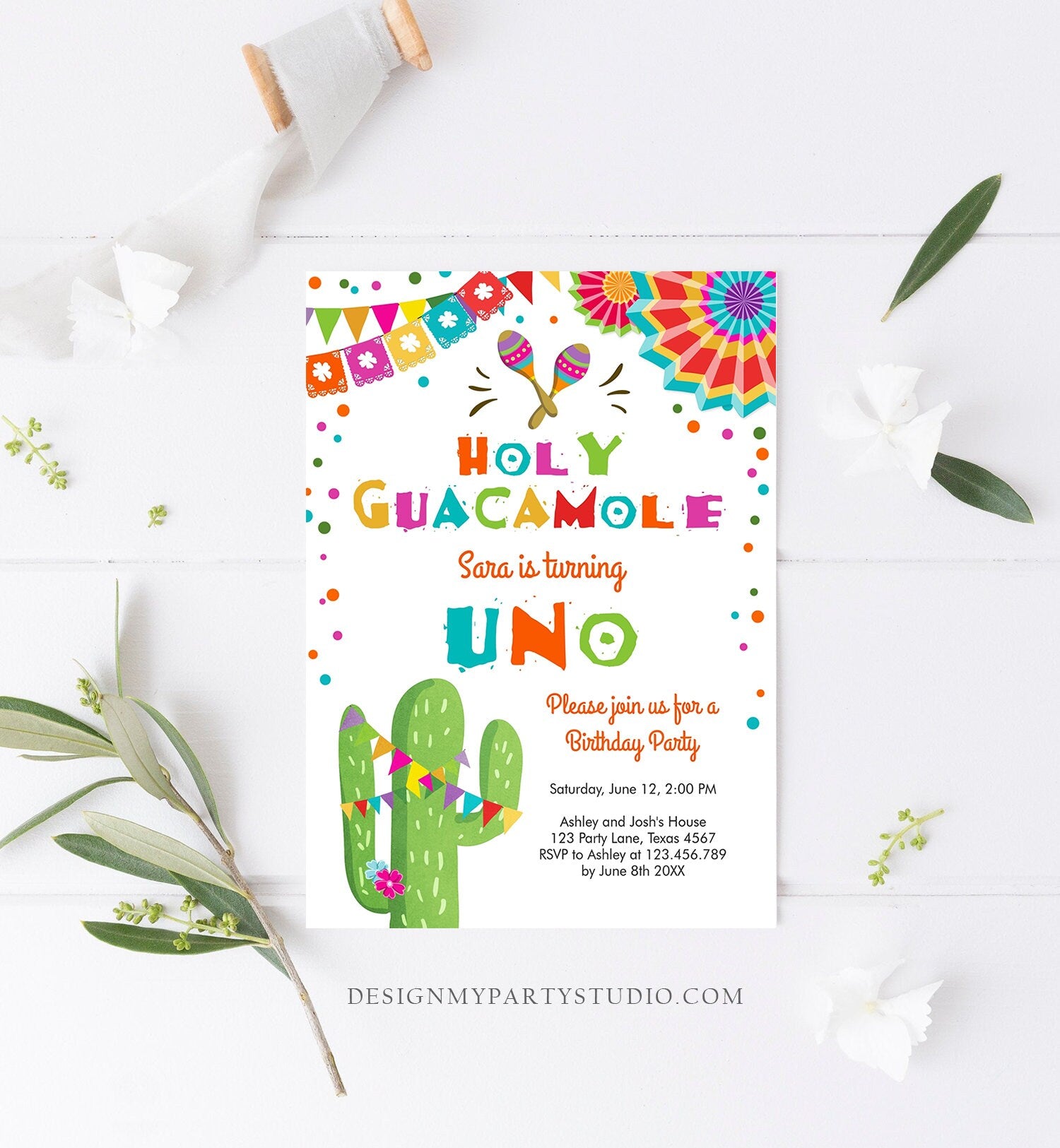 Editable Uno Fiesta Birthday Invitation Holy Guacamole First Birthday 1st Mexican Cactus Primer Cumpleaños Corjl Template Printable 0045