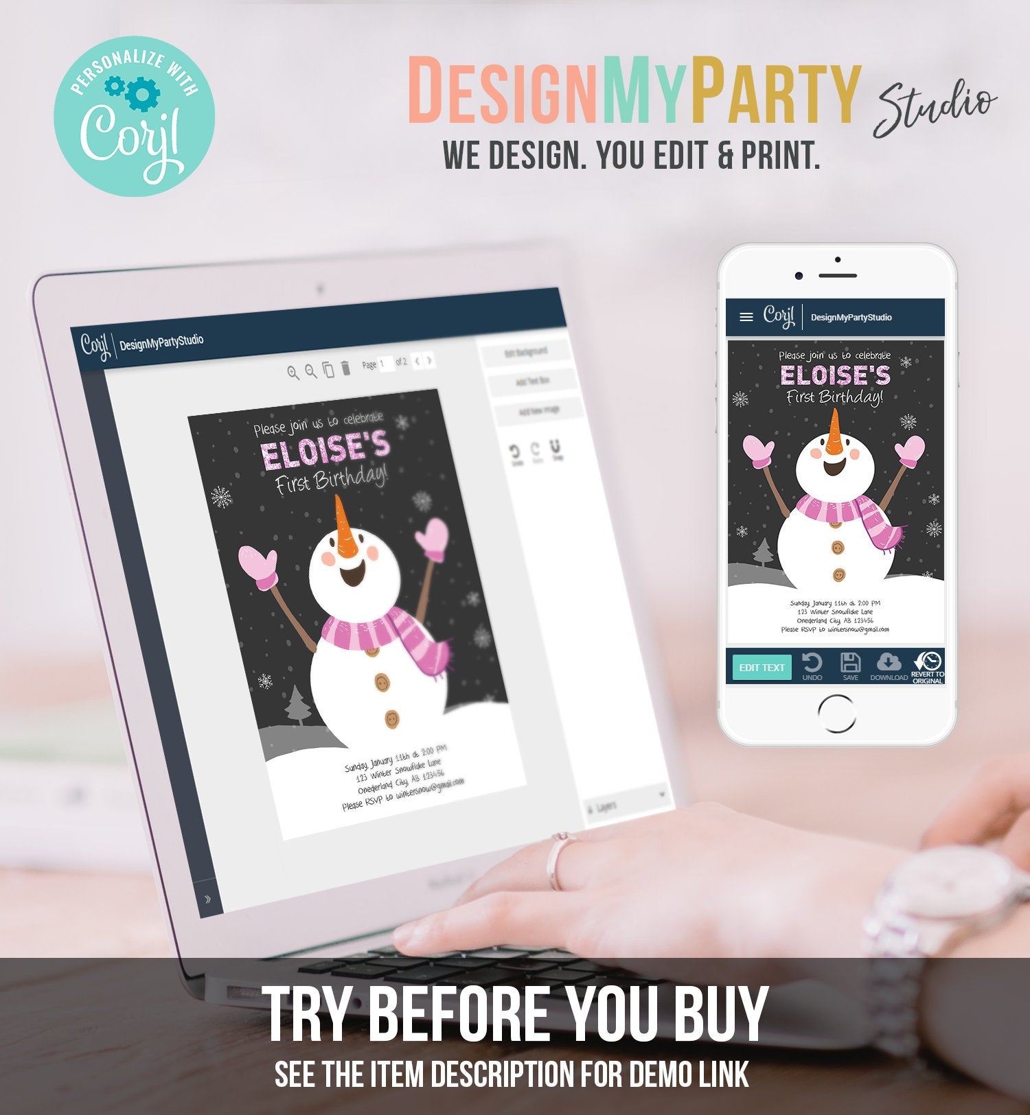 Editable ANY AGE Winter Birthday Invitation First Birthday Snowflake Girl Snowman Instant Download Printable Invite Template Corjl 0022