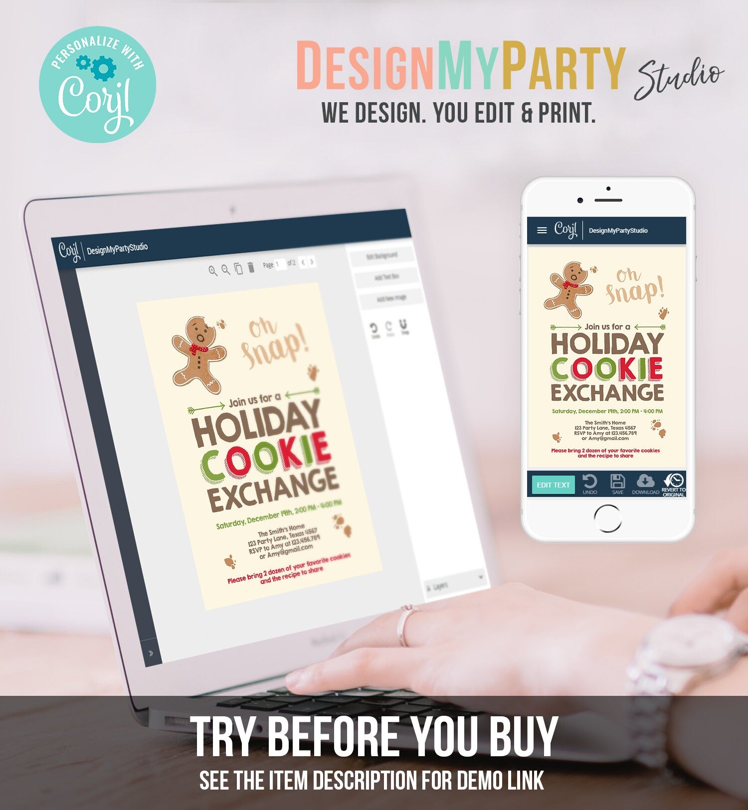 Editable Christmas Cookie Exchange Invitation Christmas Party Invite Cookie Party Gingerbread Download Printable Template Corjl 0111