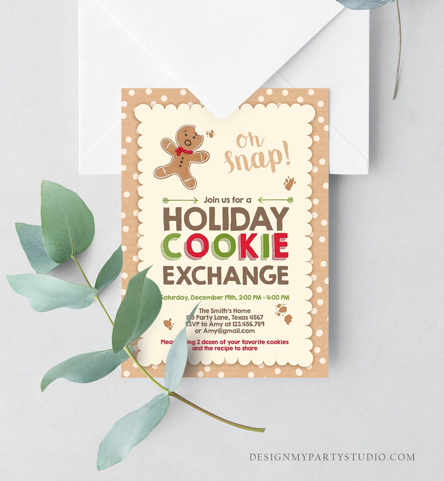 Editable Holiday Cookie Exchange Invitation Christmas Cookie Party Invite Gingerbread Man Download Printable Invitation Template Corjl 0111