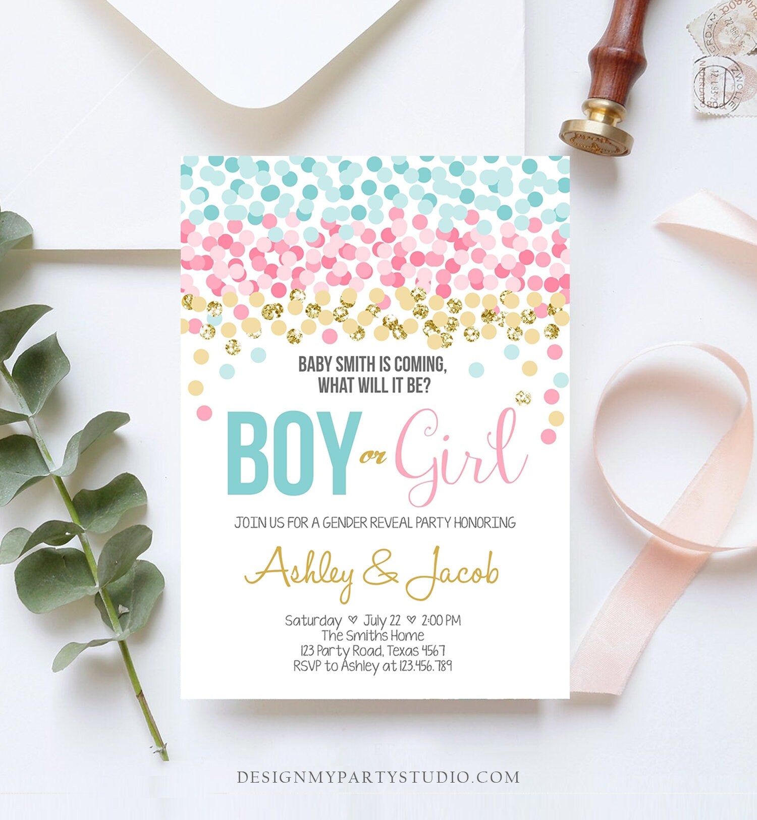 Editable Gender Reveal Invitation Confetti Blue or Pink Gold Boy or Girl He or She Rustic Instant Download Printable Template Corjl 0133