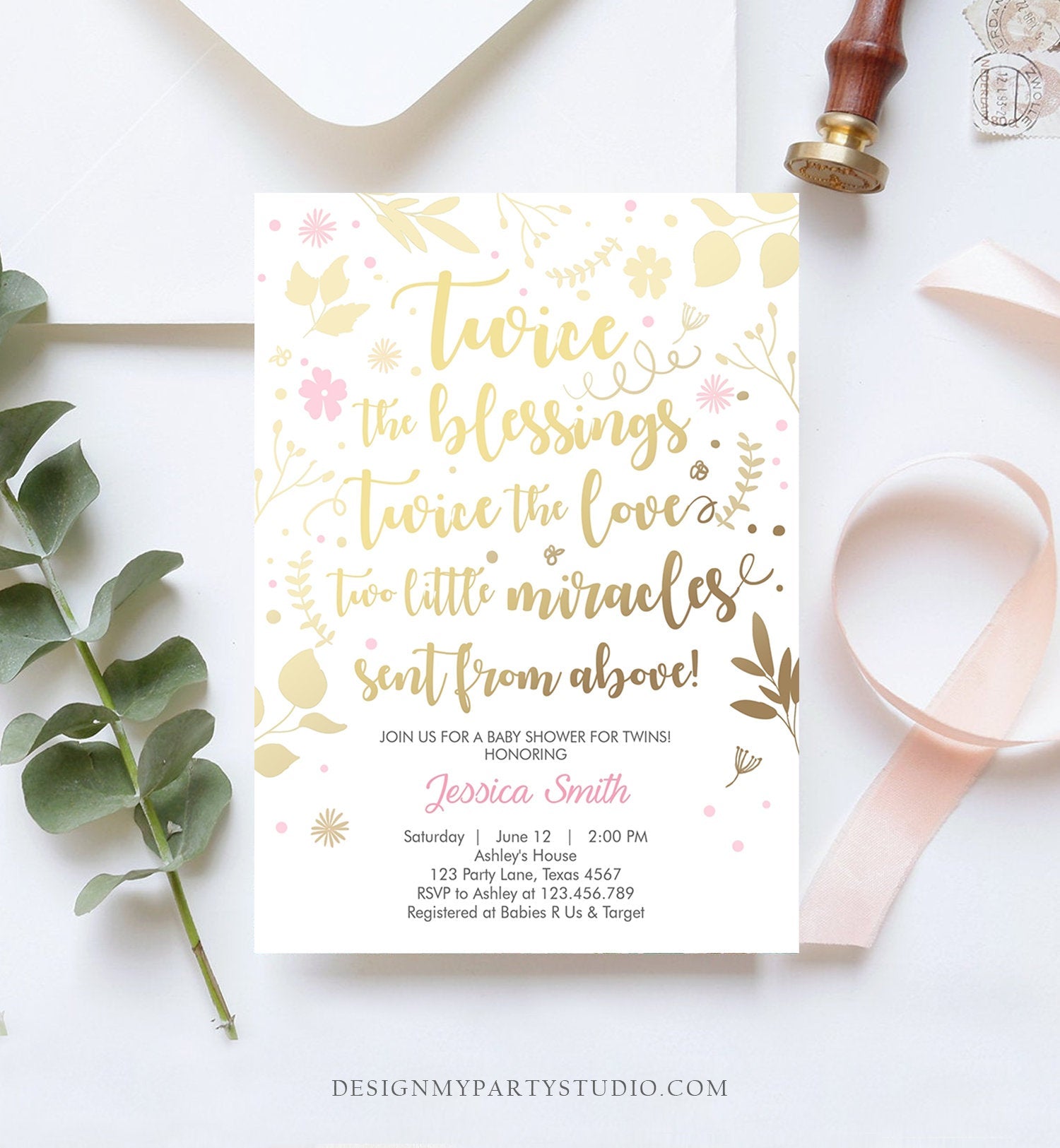 Editable Twin Baby Shower Invitation Twin Girls Gold Pink Blessings Rustic Modern Floral Girls Baby Shower Template Download Corjl 0285