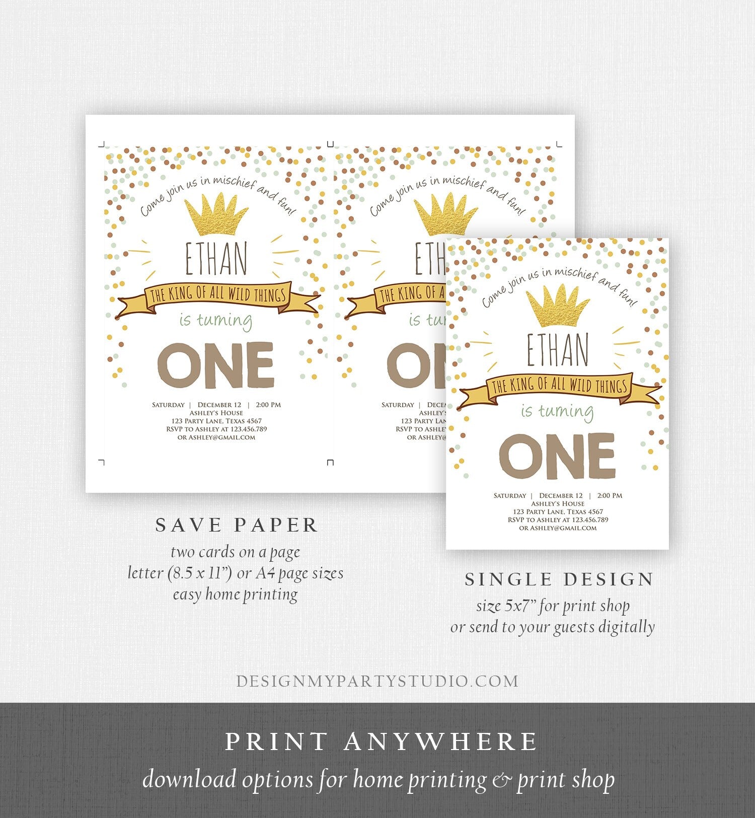 Editable Birthday Invitation Wild One Gold Crown Wild Things Boy First Birthday Instant Download Printable Invitation Template Corjl 0099