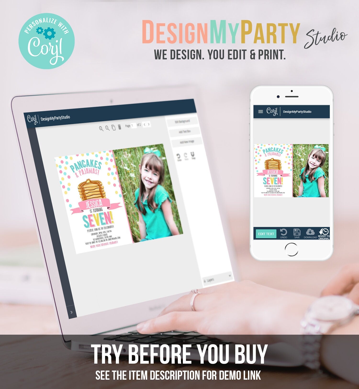 Editable Pancakes and Pajamas Invitation Pancake Pajamas Birthday Party Girl Pink Slumber Party Printable Template Corjl Digital 0286