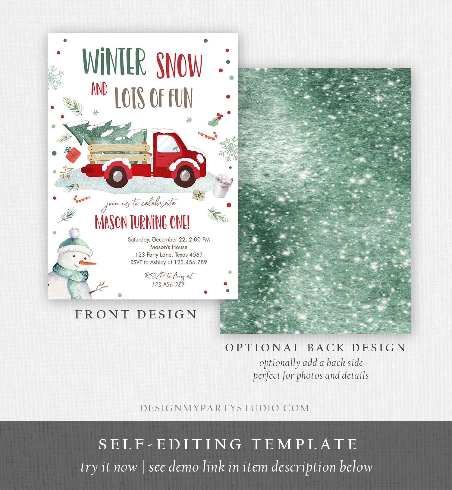 Editable ANY AGE Winter Birthday Invitation Boy Red Truck Birthday Party Winter Onederland Download Printable Invite Template Corjl 0278
