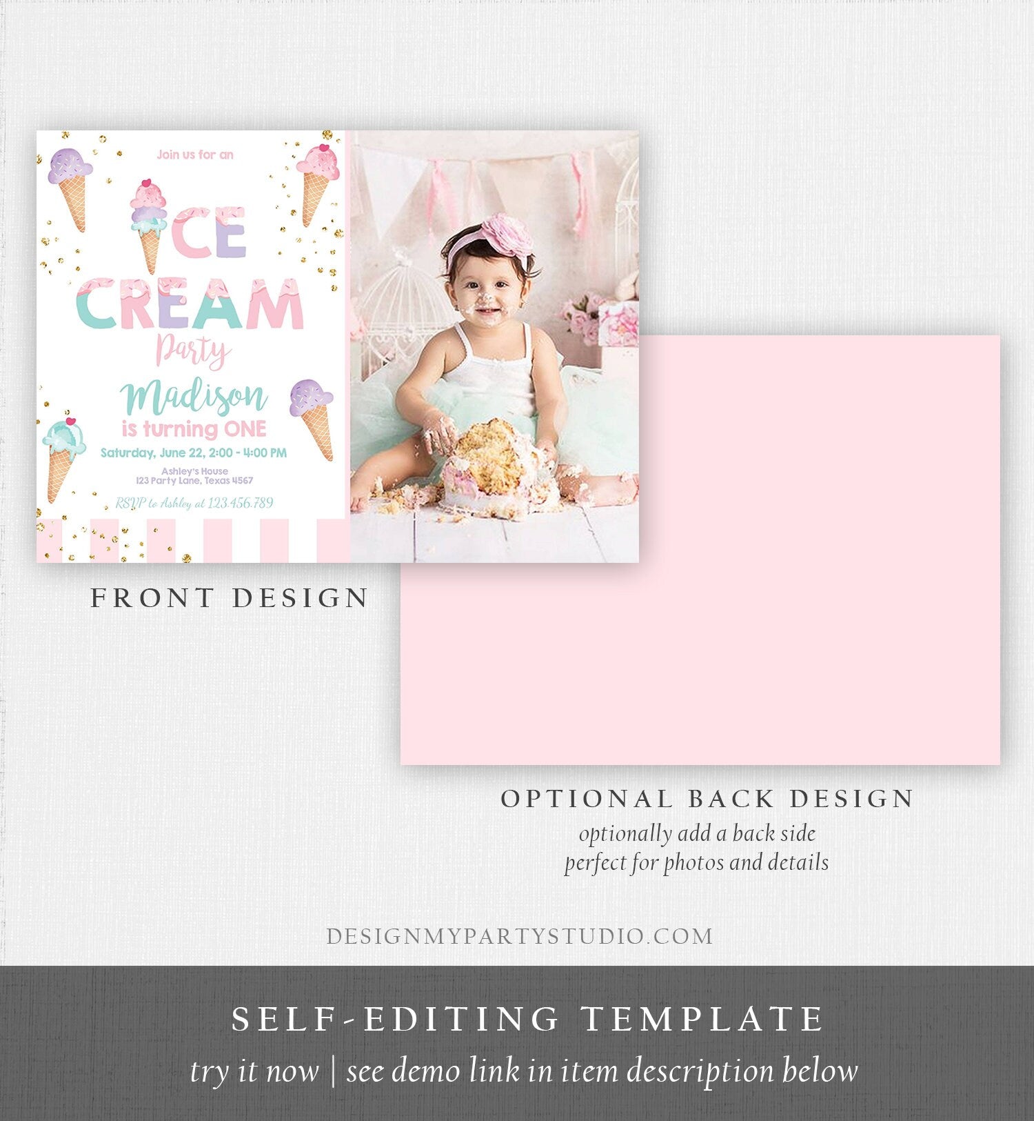 Editable Ice Cream Birthday Invitation First Birthday Party Here's the Scoop Cone Ice Cream Social Download Printable Template Corjl 0243