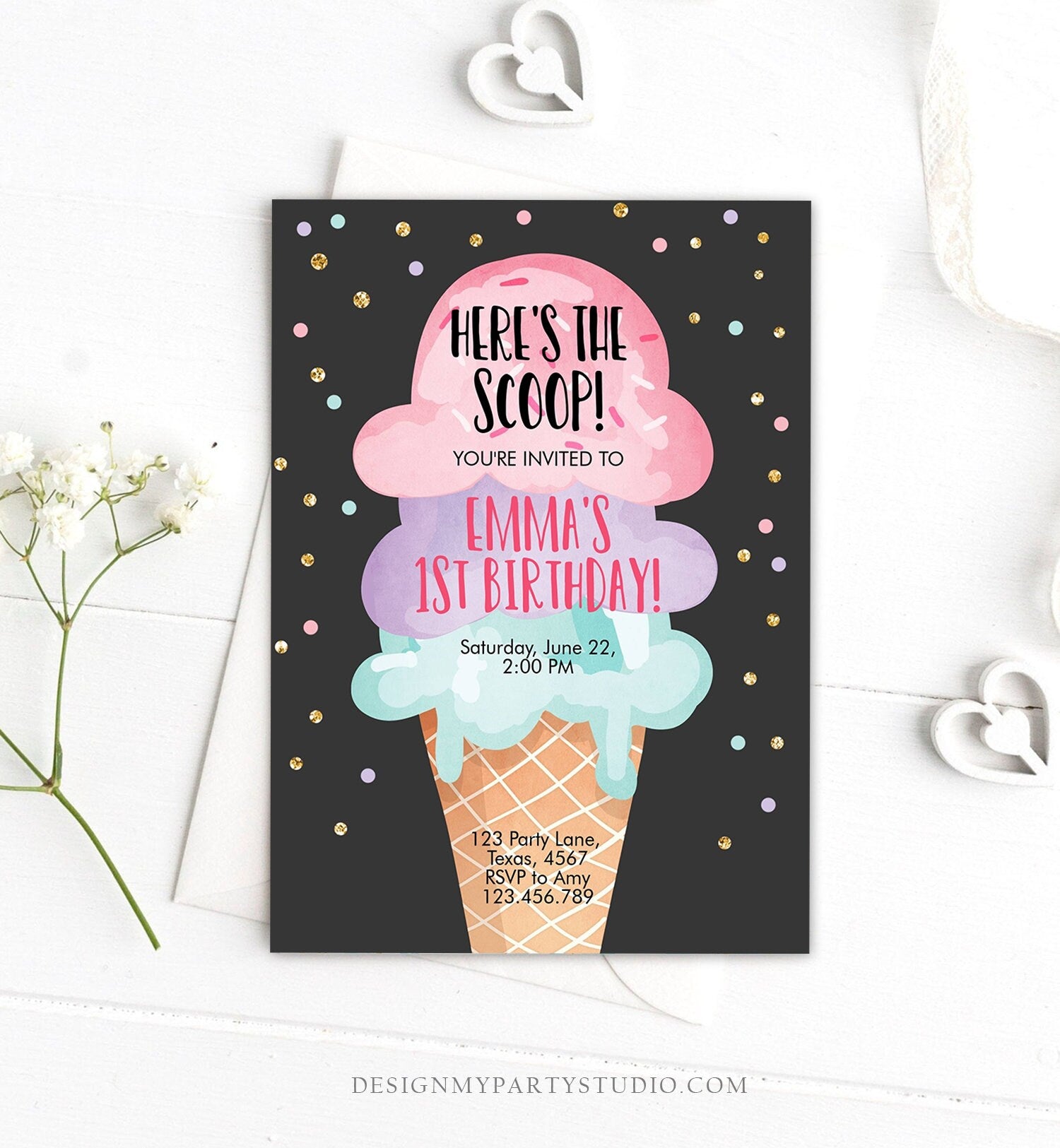 Editable Ice Cream Birthday Invitation First Birthday Party Here's the Scoop Cone Pink Mint Gold Purple Printable Template Corjl 0243