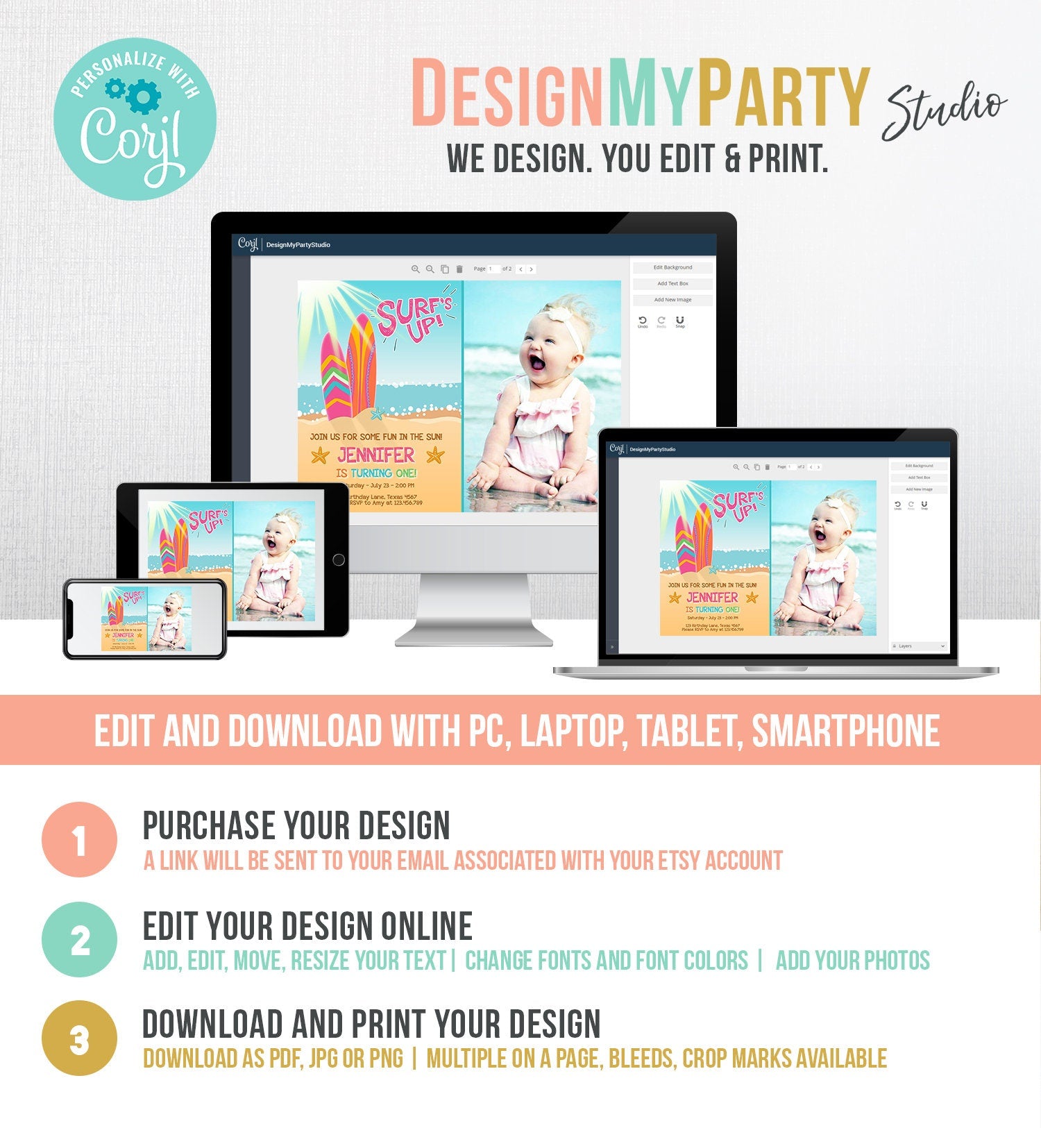 Editable Surf Birthday invitation Summer Beach Party Surfboard Girl Surf Party Pink Download Printable Invitation Template Corjl 0241