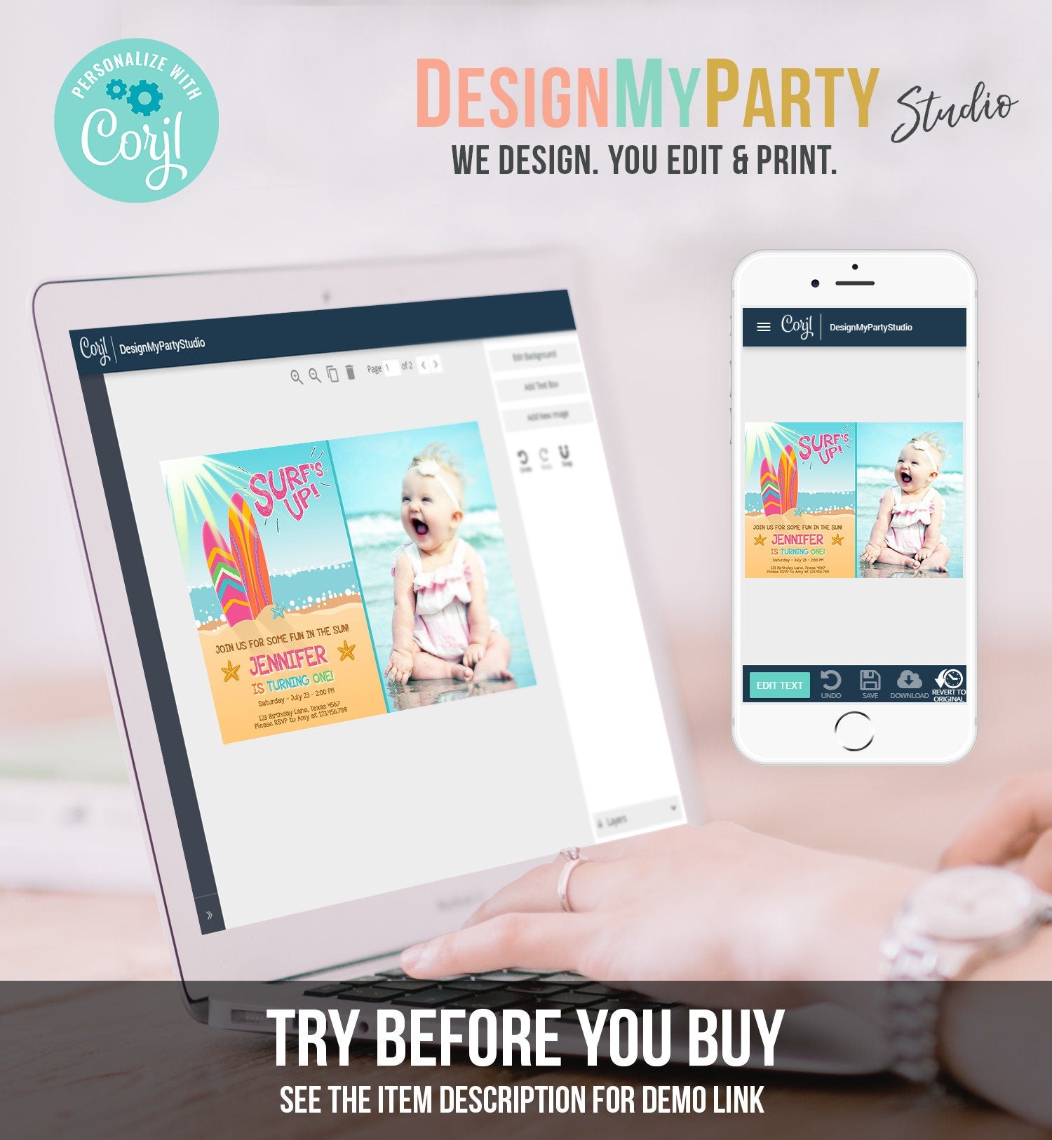 Editable Surf Birthday invitation Summer Beach Party Surfboard Girl Surf Party Pink Download Printable Invitation Template Corjl 0241