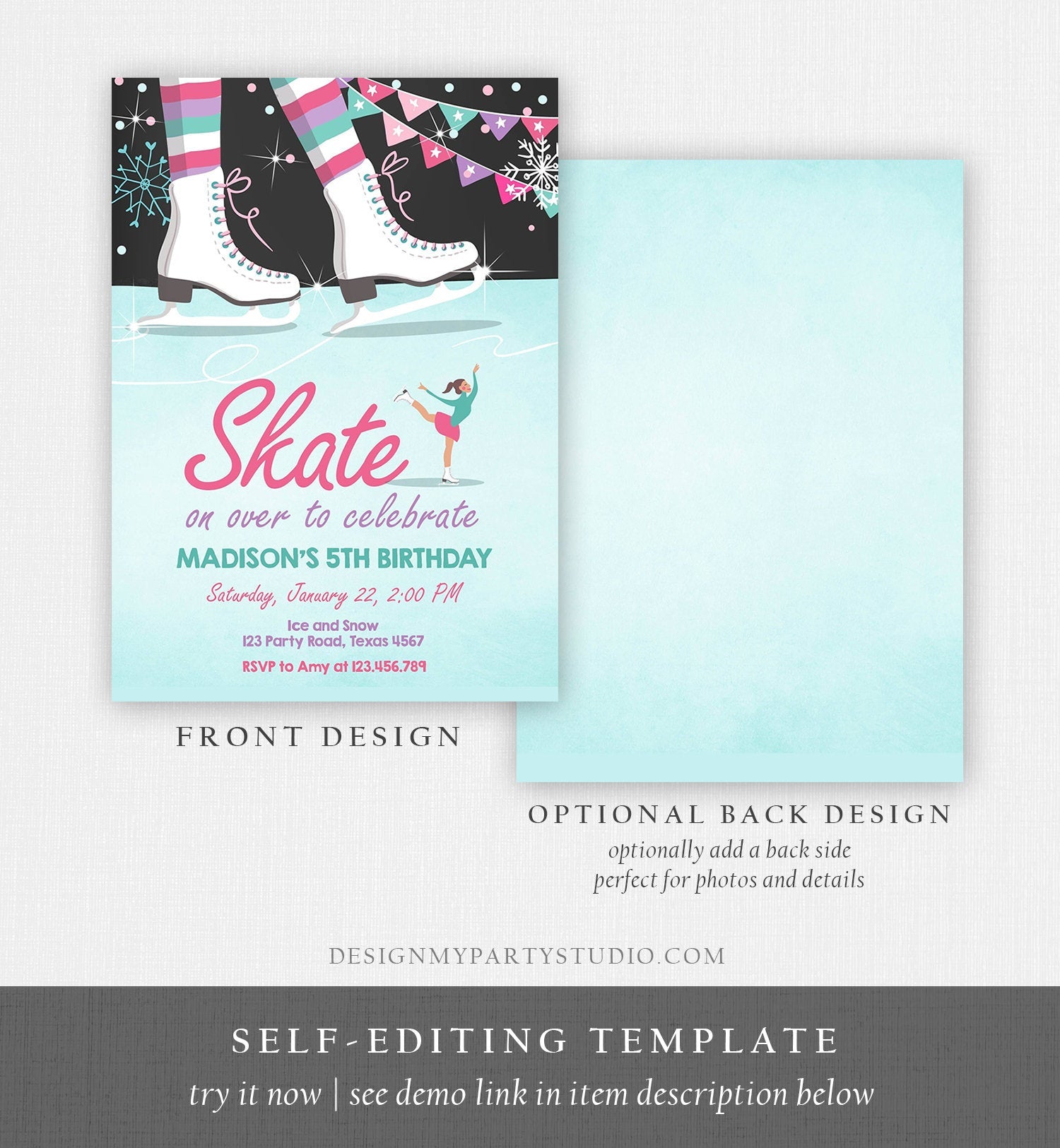 Editable Ice Skating Invitation Ice Skating Birthday Party Girl Pink Mint Skate Party Winter Download Printable Invitation Template Corjl