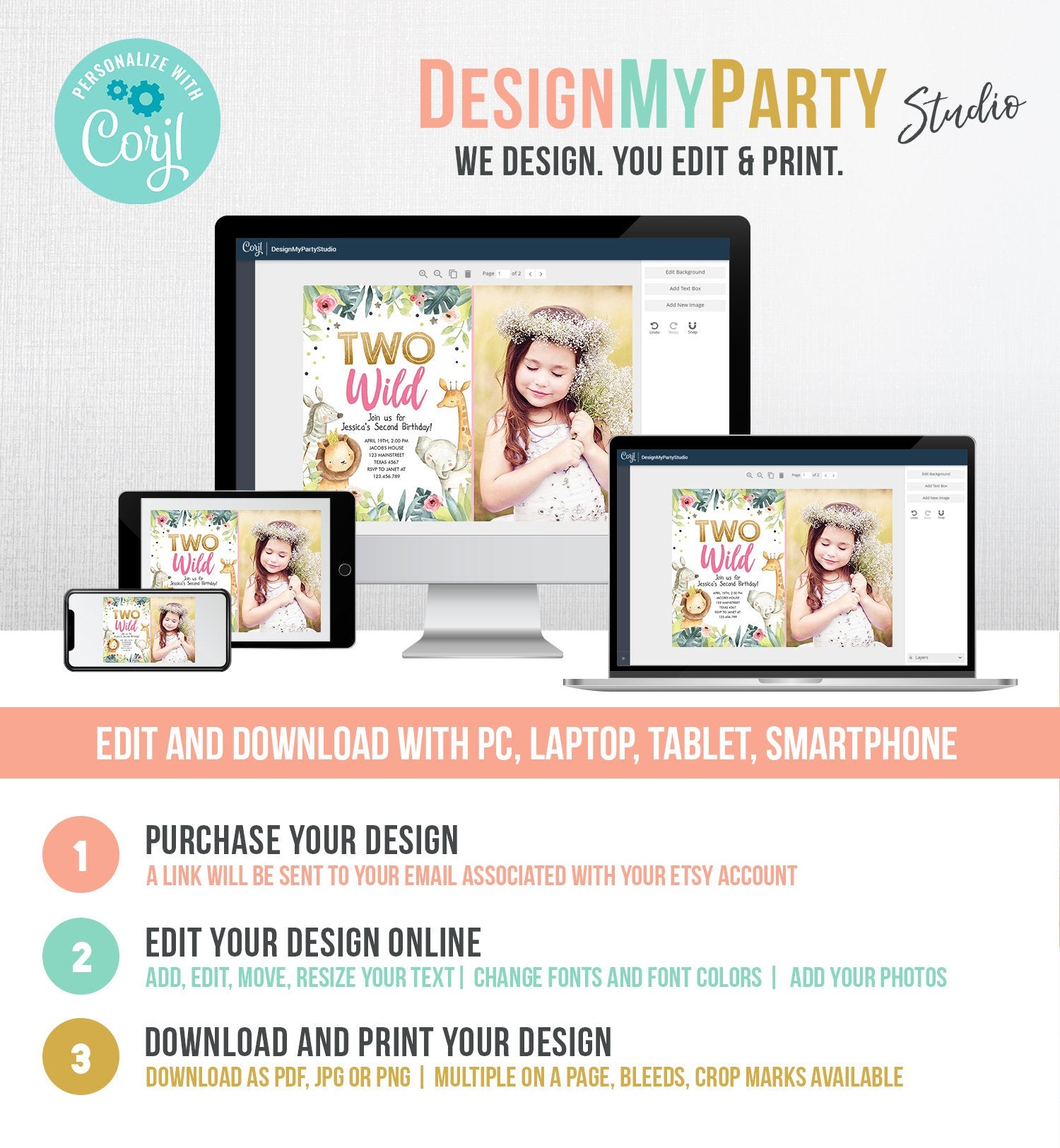 Editable Two Wild Birthday Invitation Girl Party Animals Invite Party Jungle Safari Pink Gold Zoo Download Printable Template Corjl 0163