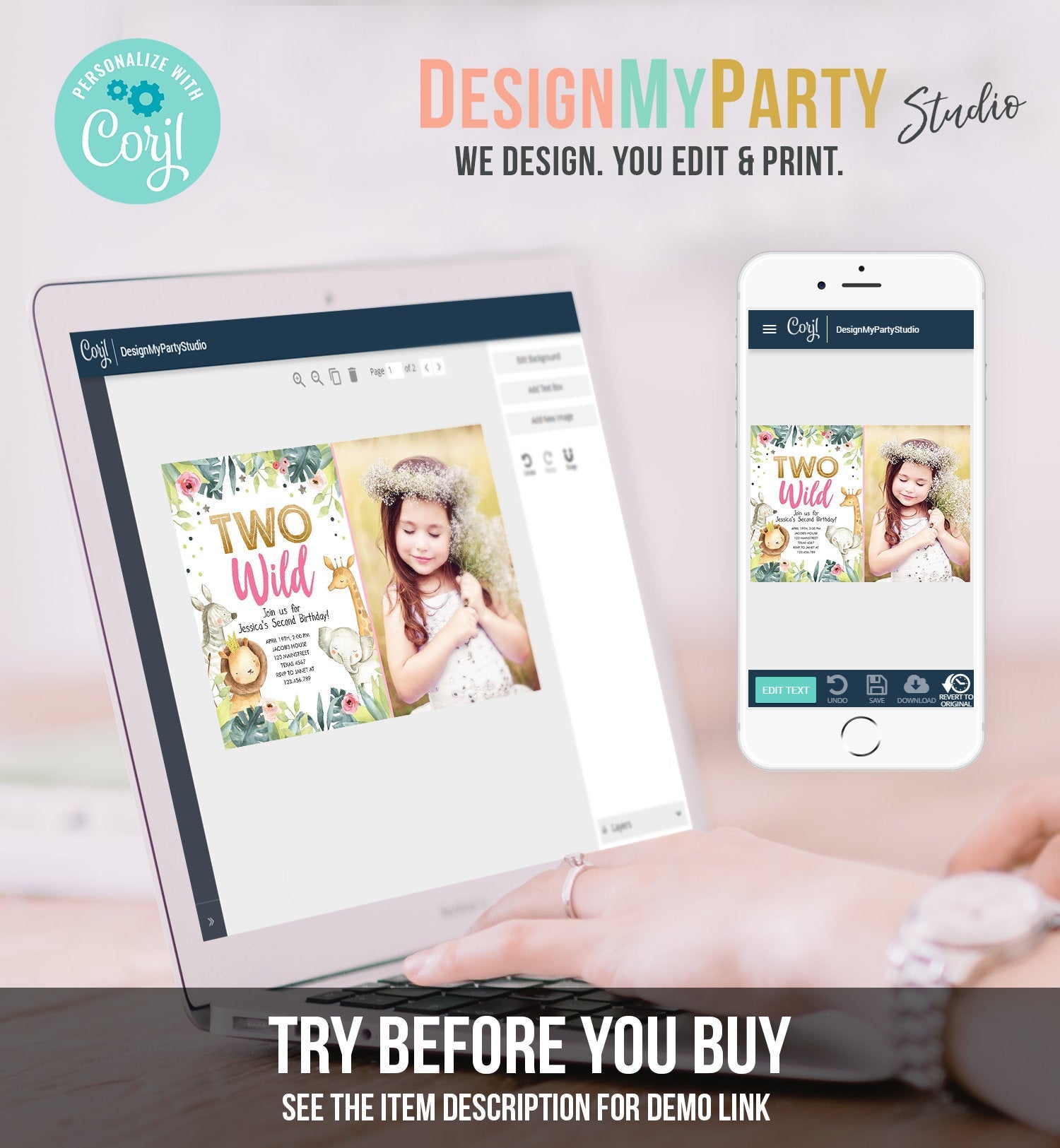 Editable Two Wild Birthday Invitation Girl Party Animals Invite Party Jungle Safari Pink Gold Zoo Download Printable Template Corjl 0163