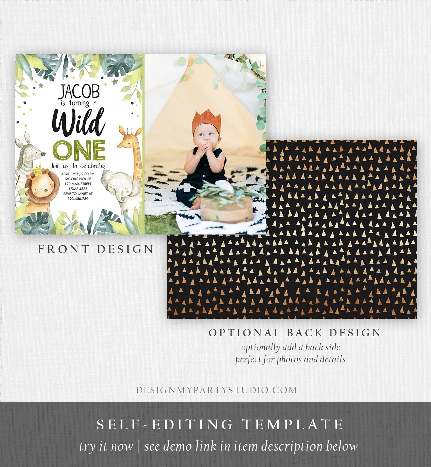 Editable Wild One Birthday Invitation Safari Animals Jungle Safari Birthday Black Gold Download Printable Invitation Template Corjl 0163