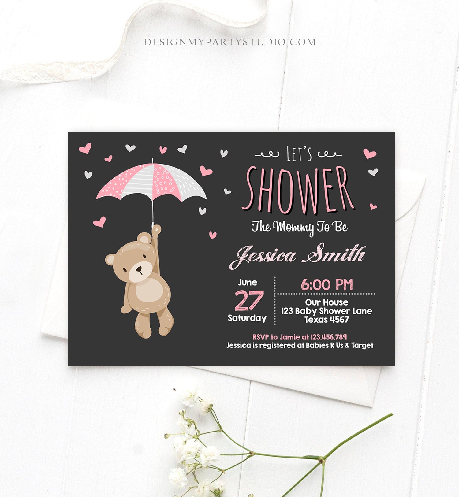 Editable Baby Shower Invitation Teddy Bear Cute Baby Girl Pink Bear Little Cub Woodland Invite Template Instant Download Digital Corjl 0025