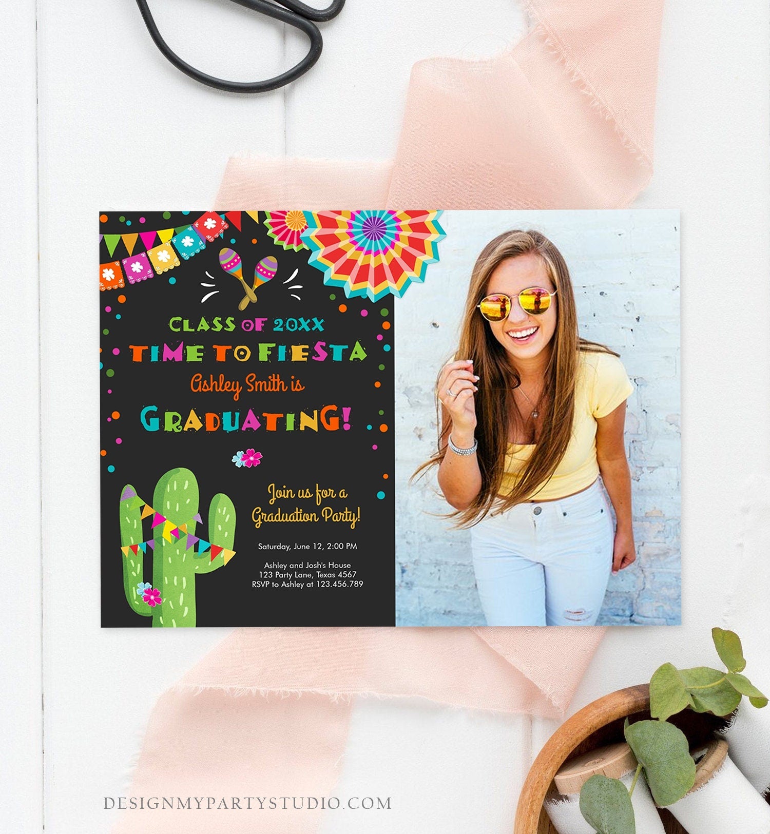 Editable Time to Fiesta Graduation Party Invitation Cactus Let's Fiesta Grad Mexican Graduate Graduating College School Corjl Template 0045